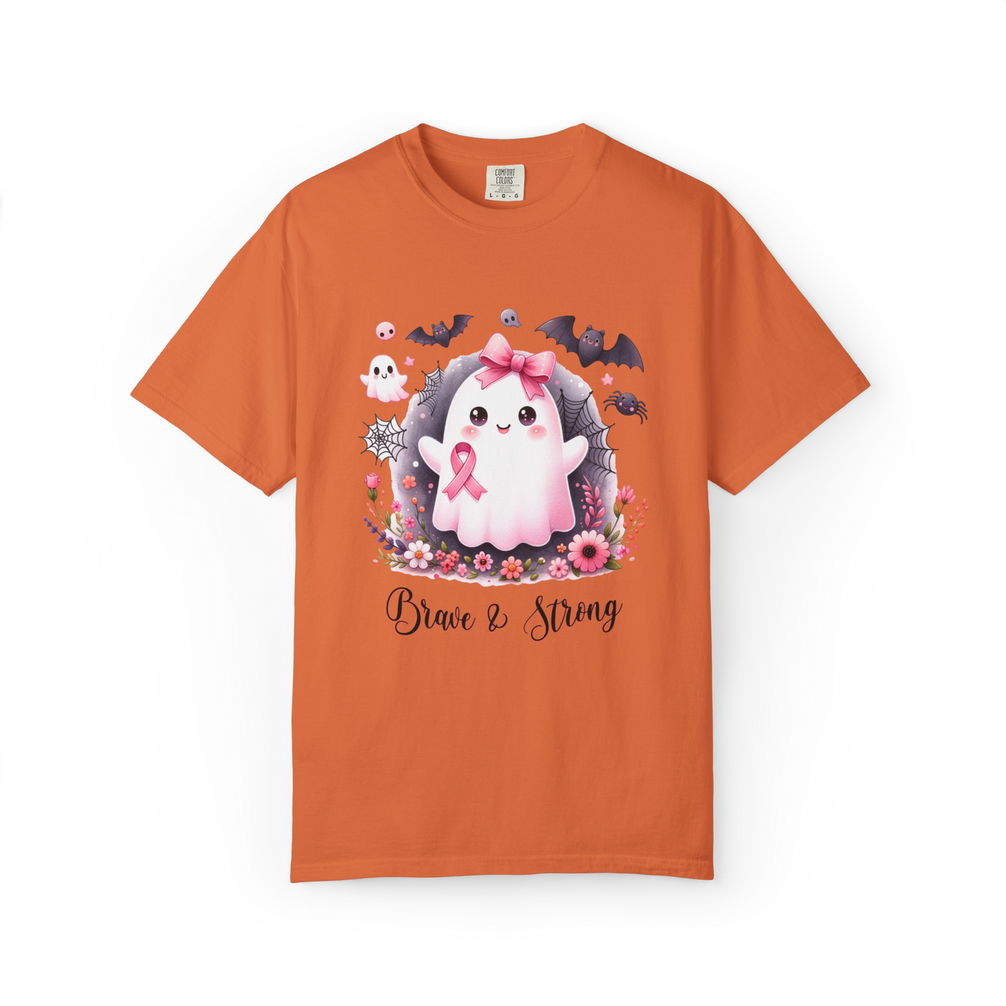 Orange t-shirt with a cartoon ghost wearing a pink ribbon and flowers on a white background