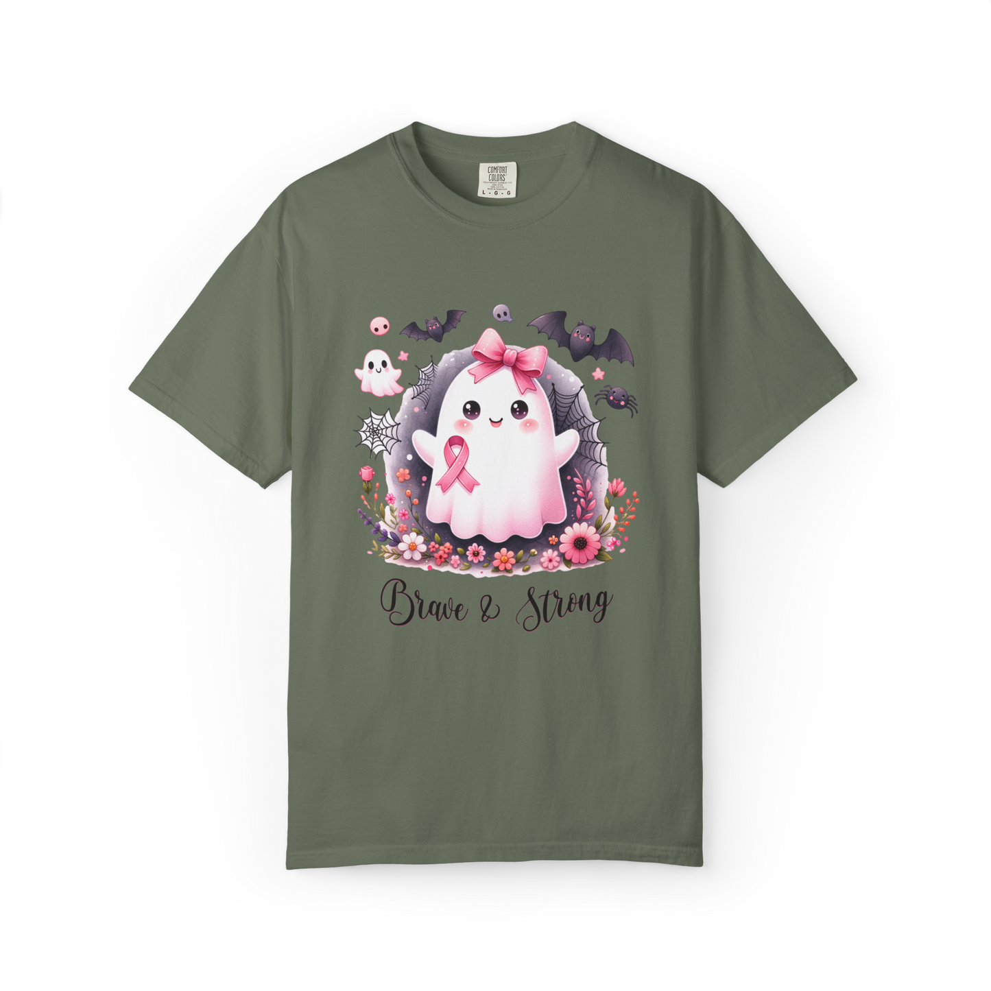 Green t-shirt with a cartoon ghost holding a pink ribbon and text 'Brave & Strong' on a white background
