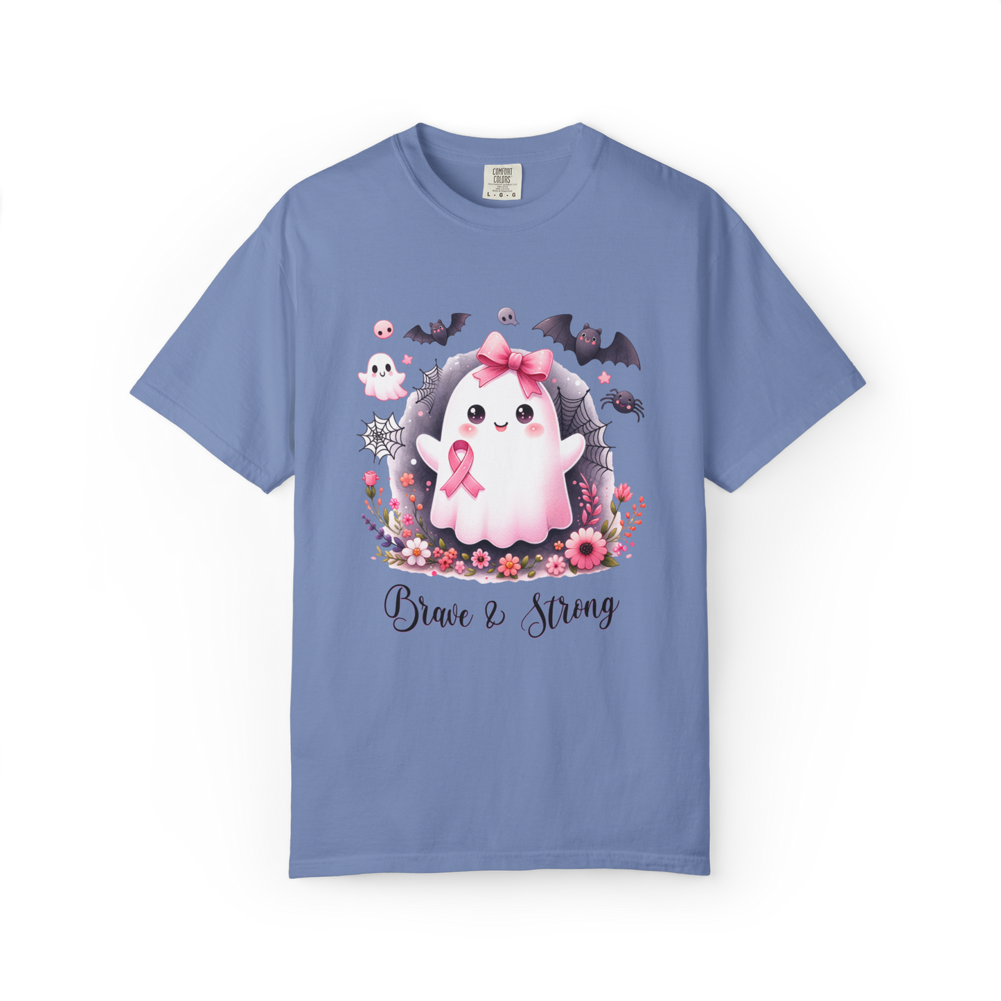 Blue t-shirt with a cartoon ghost holding a pink ribbon and text 'Brave & Strong' on a white background