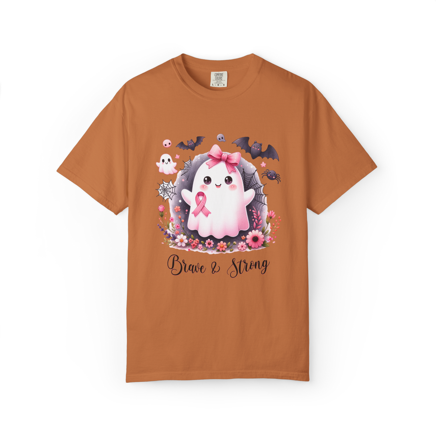 Brown t-shirt with a cartoon character wearing a pink ribbon and flowers on a white background