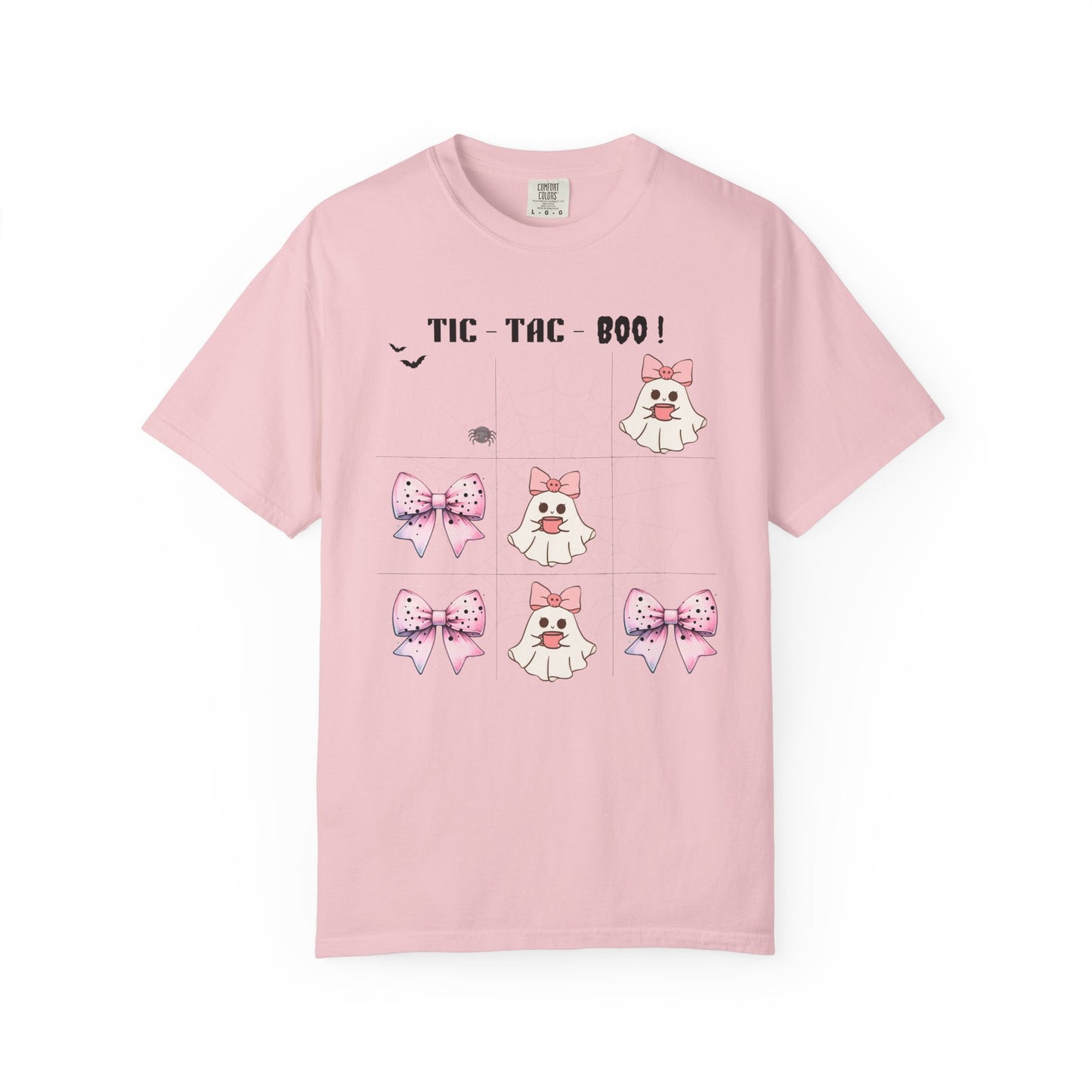 Pink t-shirt with cartoon ghosts and bows on a white background