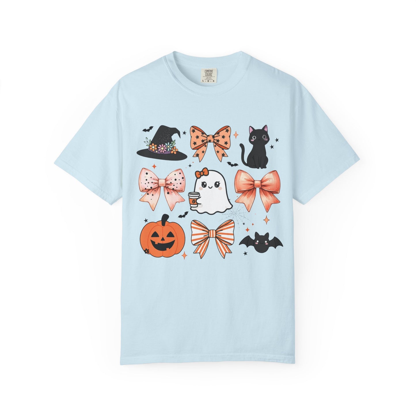 Light blue t-shirt with Halloween-themed graphics on a white background