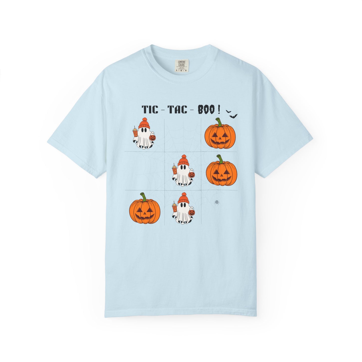 Light blue t-shirt with Halloween-themed graphics on a white background