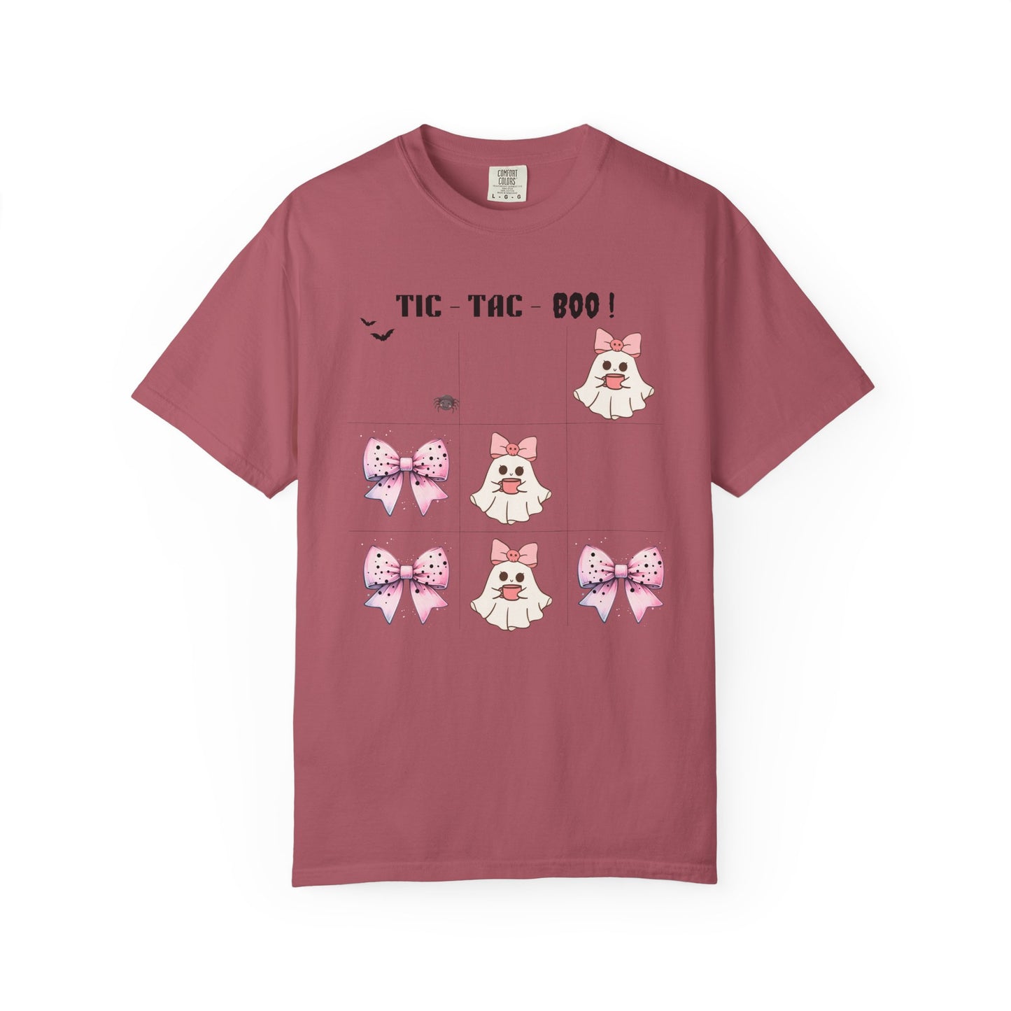 Pink t-shirt with cartoon ghosts and bows on a white background