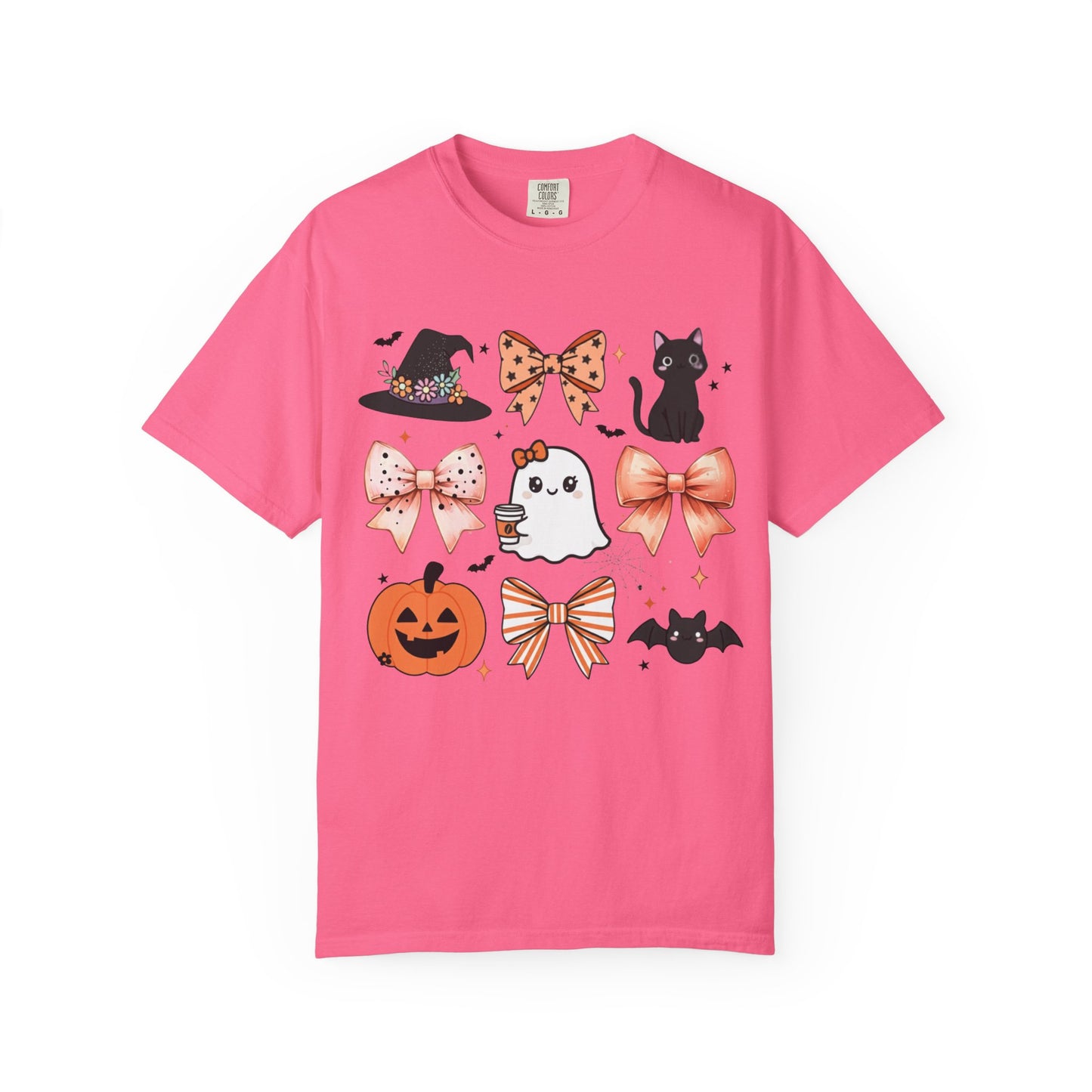 Pink t-shirt with Halloween-themed graphics on a white background