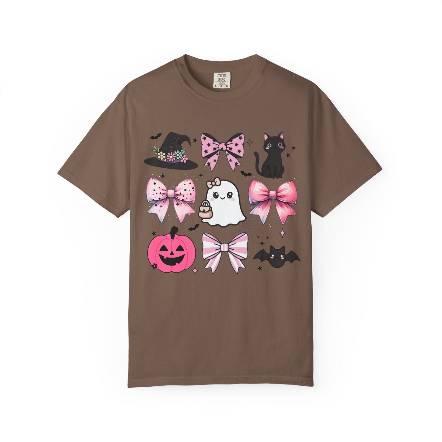 Brown t-shirt with Halloween-themed graphics on a white background