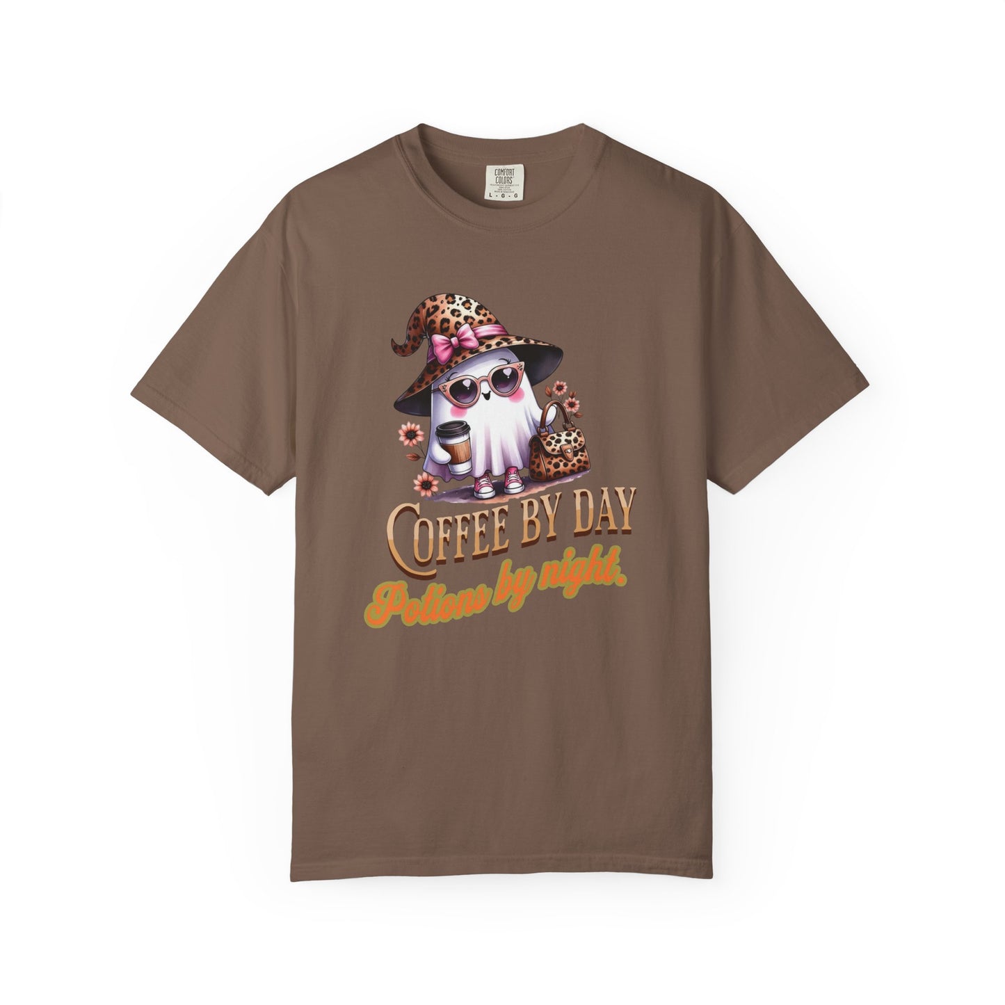 Brown t-shirt with a cat graphic and text 'Coffee by Day, Potion by Night' on a white background