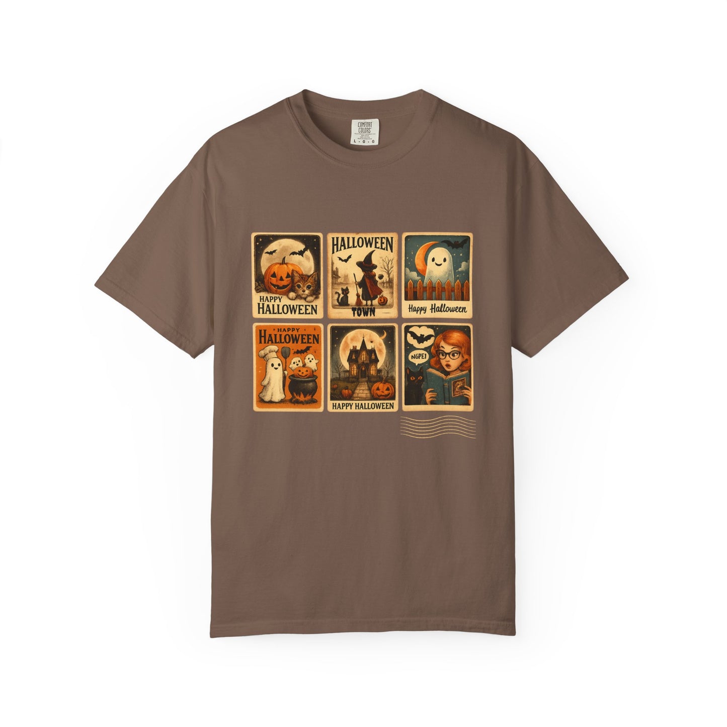 Brown t-shirt with Halloween-themed graphic on a white background