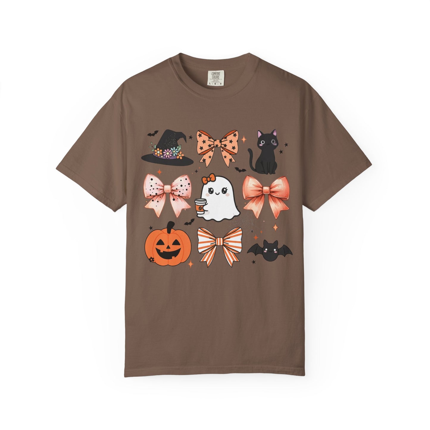 Brown t-shirt with Halloween-themed graphics on a white background