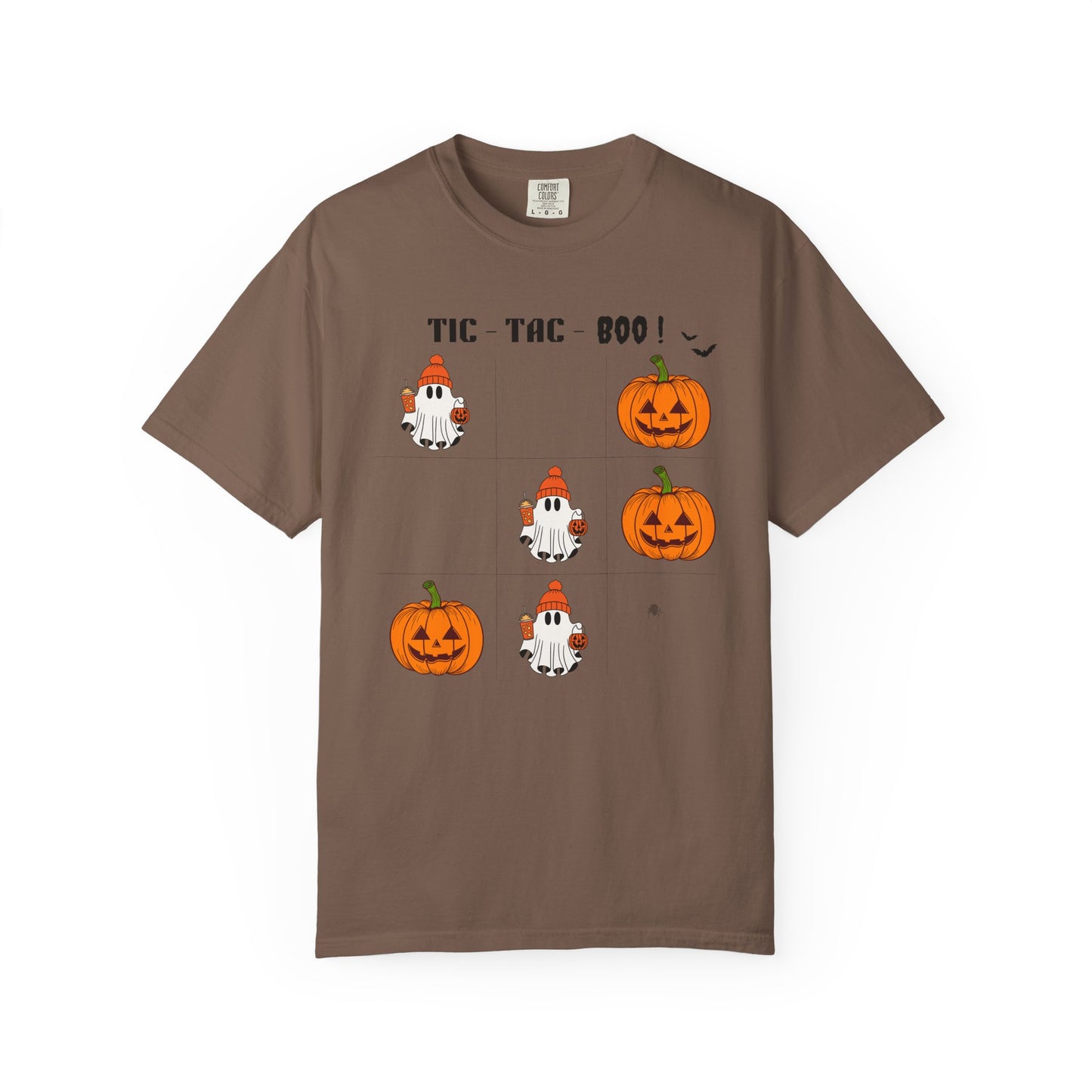 Brown t-shirt with Halloween-themed graphics on a white background