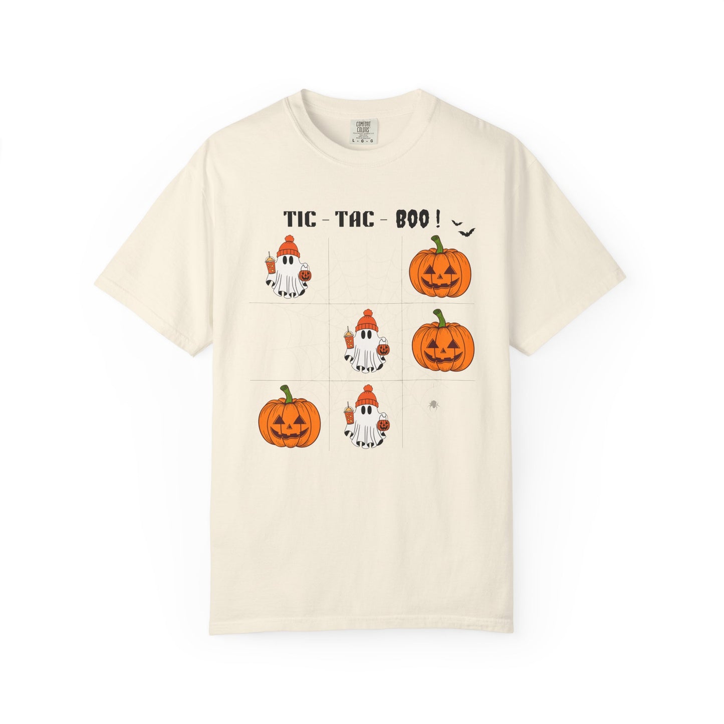 Beige t-shirt with Halloween-themed graphics on a white background