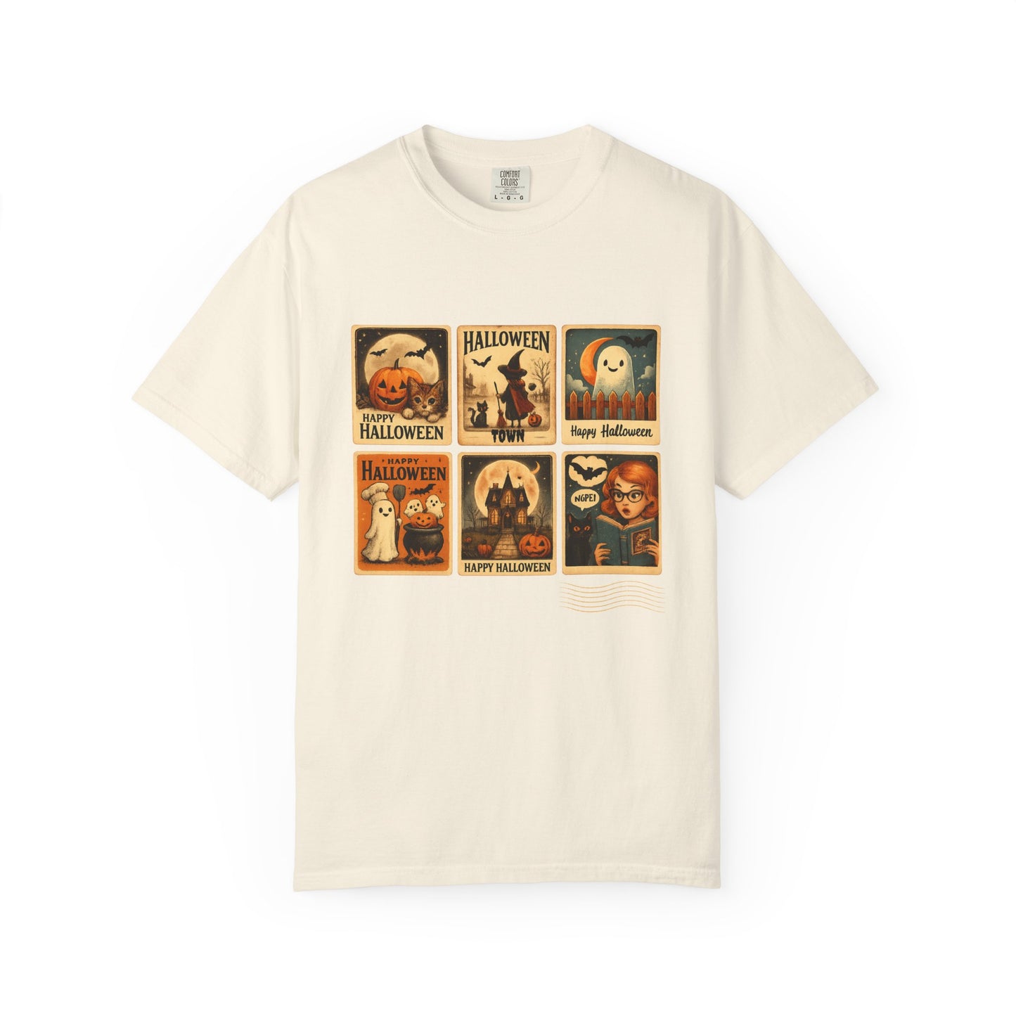 Beige t-shirt with Halloween-themed graphic designs on a white background