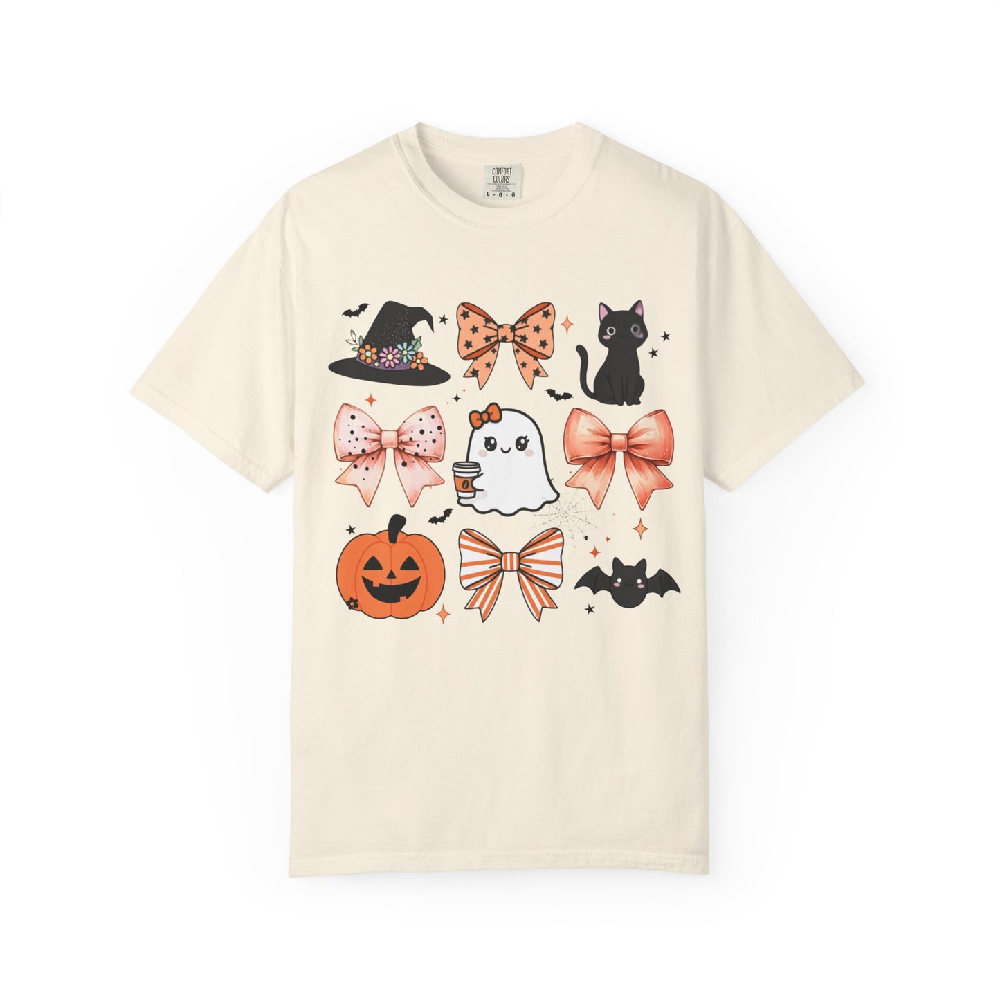 Beige t-shirt with Halloween-themed graphics on a white background