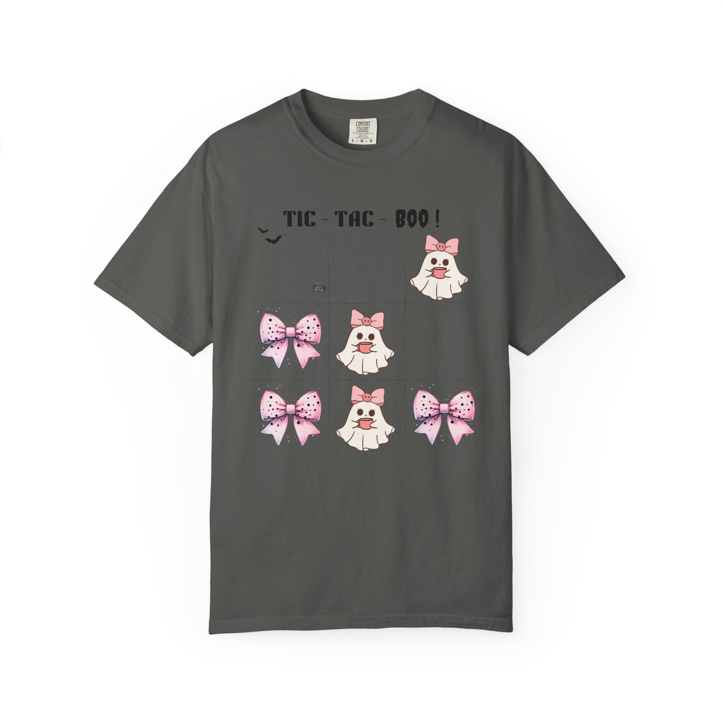 Gray t-shirt with Halloween-themed design featuring ghosts and bows on a white background