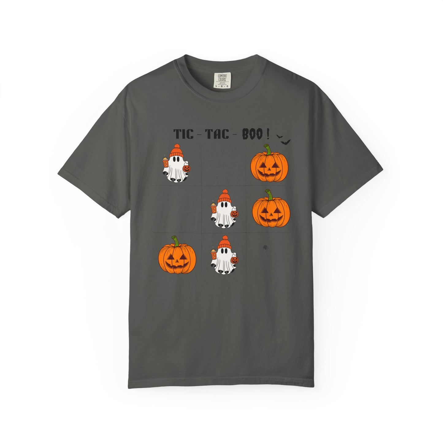 Gray t-shirt with Halloween-themed graphics on a white background