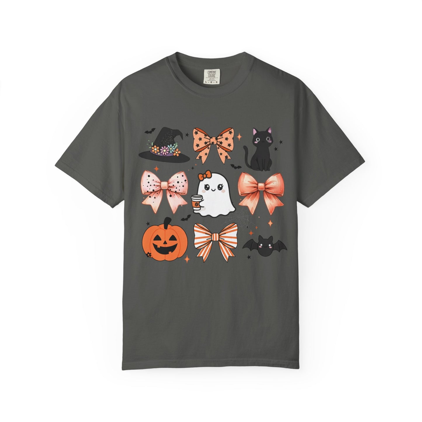 Gray t-shirt with Halloween-themed graphics on a white background
