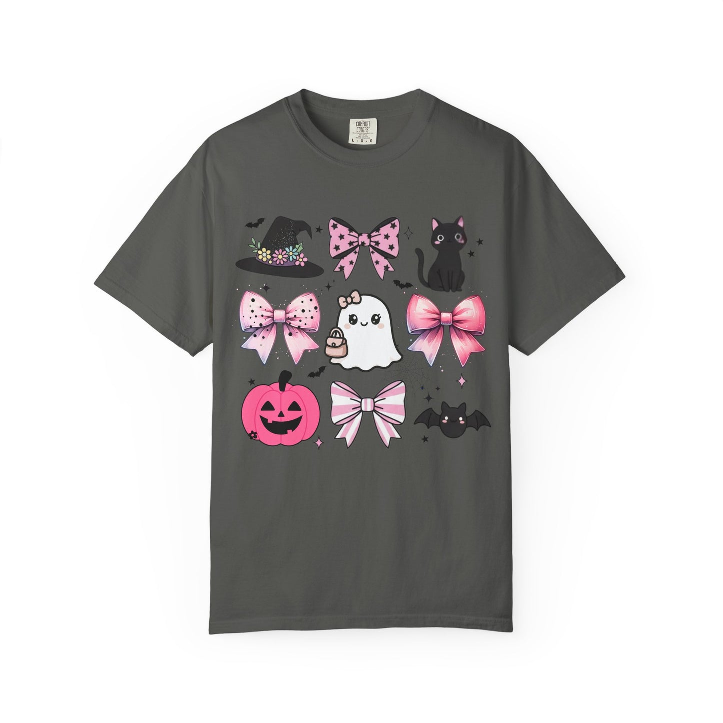 Gray t-shirt with Halloween-themed graphics on a white background