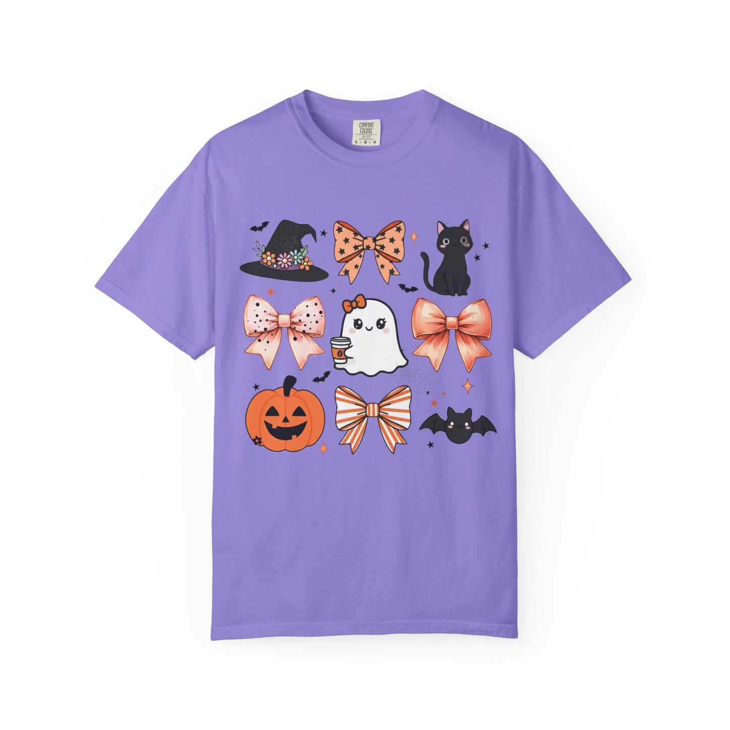 Purple t-shirt with Halloween-themed graphics on a white background