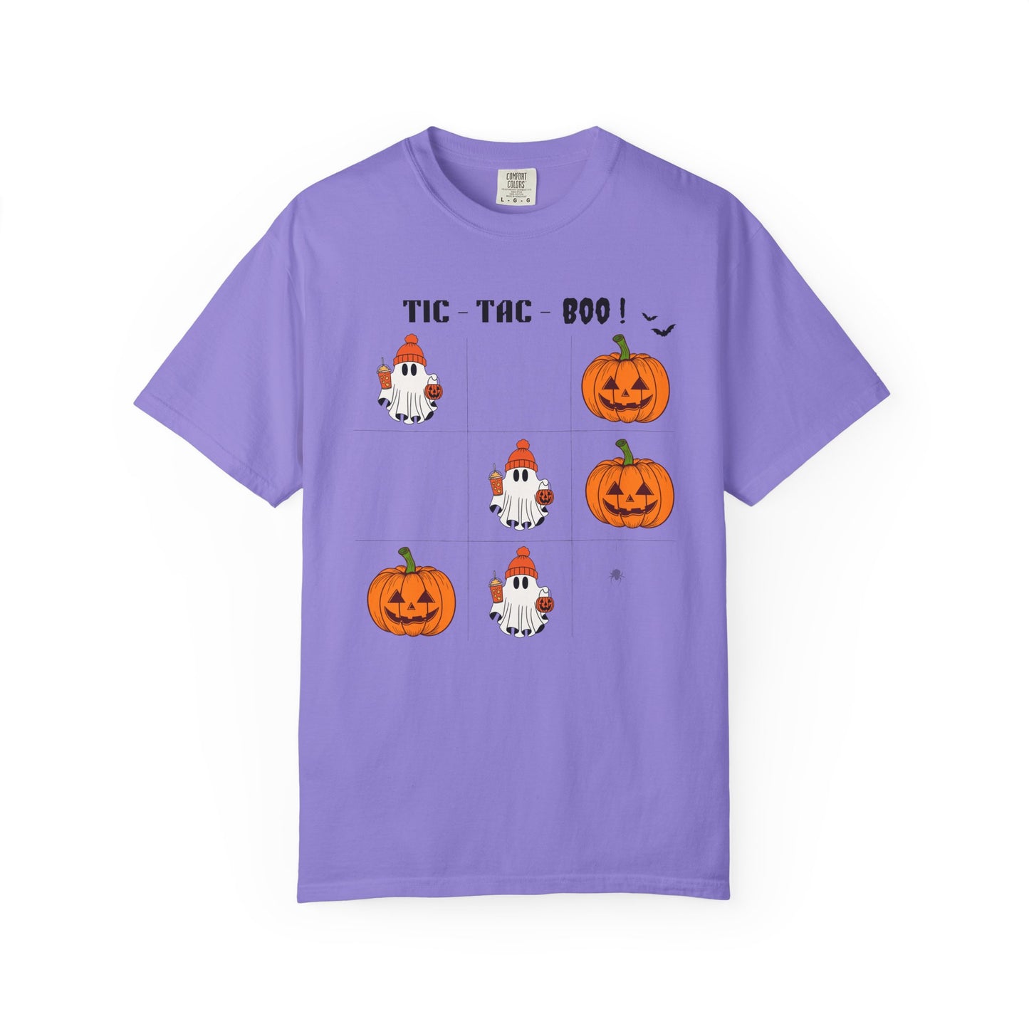Purple t-shirt with Halloween-themed graphics on a white background