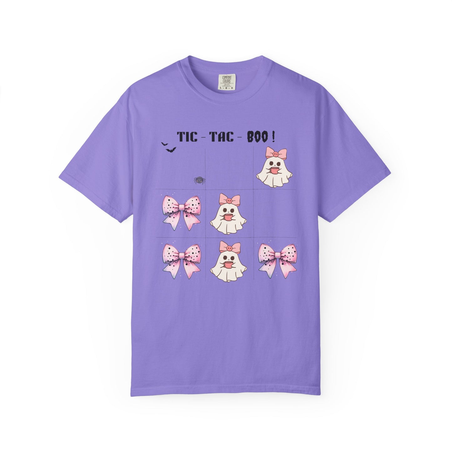 Purple t-shirt with cartoon ghost and bow design on a white background