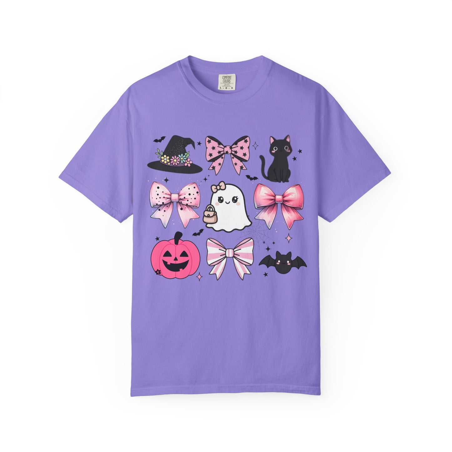 Purple t-shirt with Halloween-themed graphics on a white background