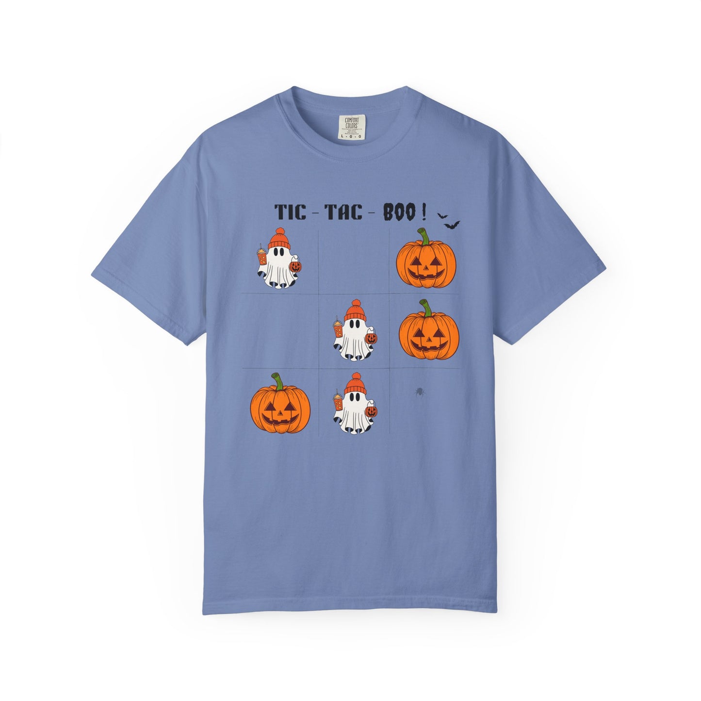 Blue t-shirt with Halloween-themed graphics on a white background