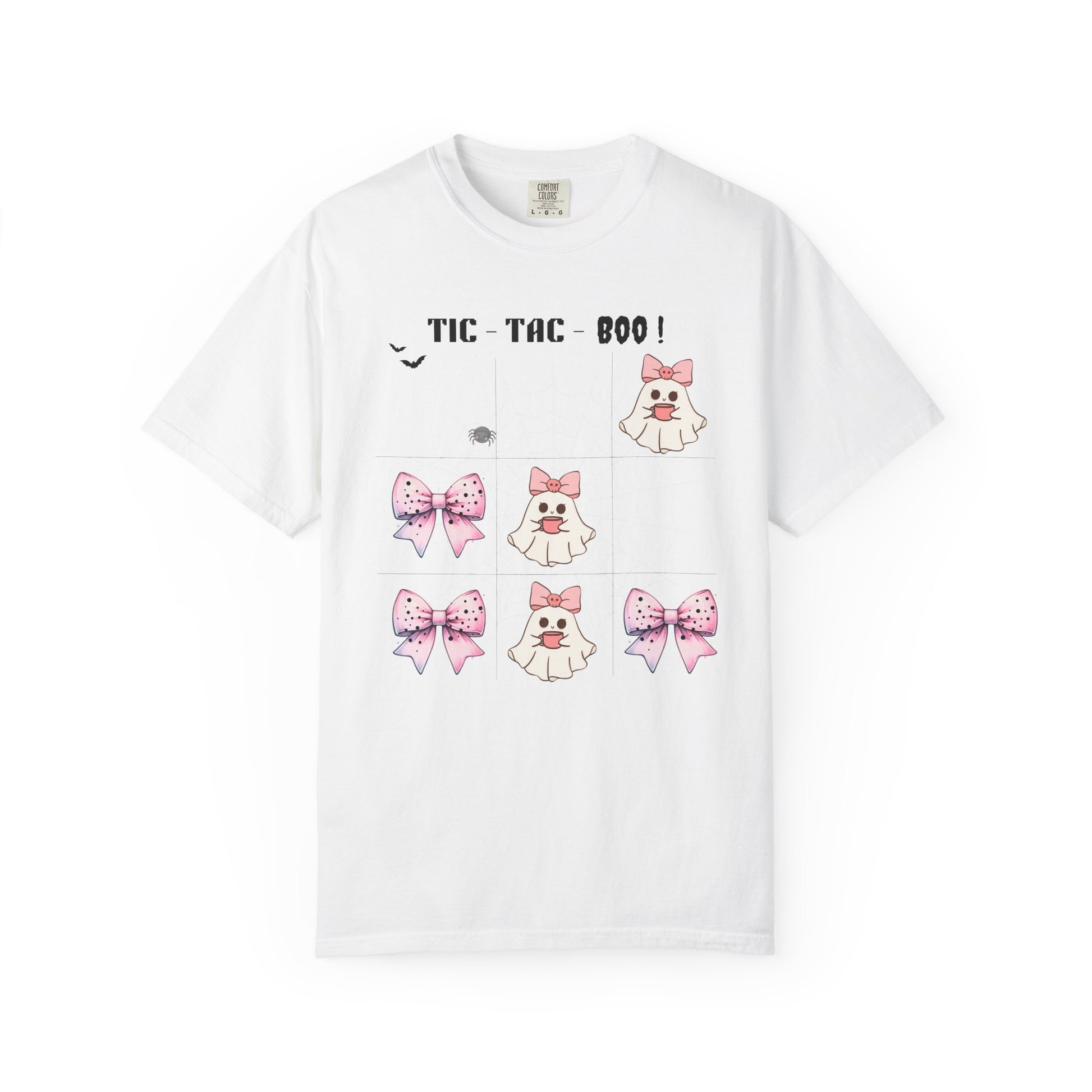 White t-shirt with cartoon ghost and bow design on a white background