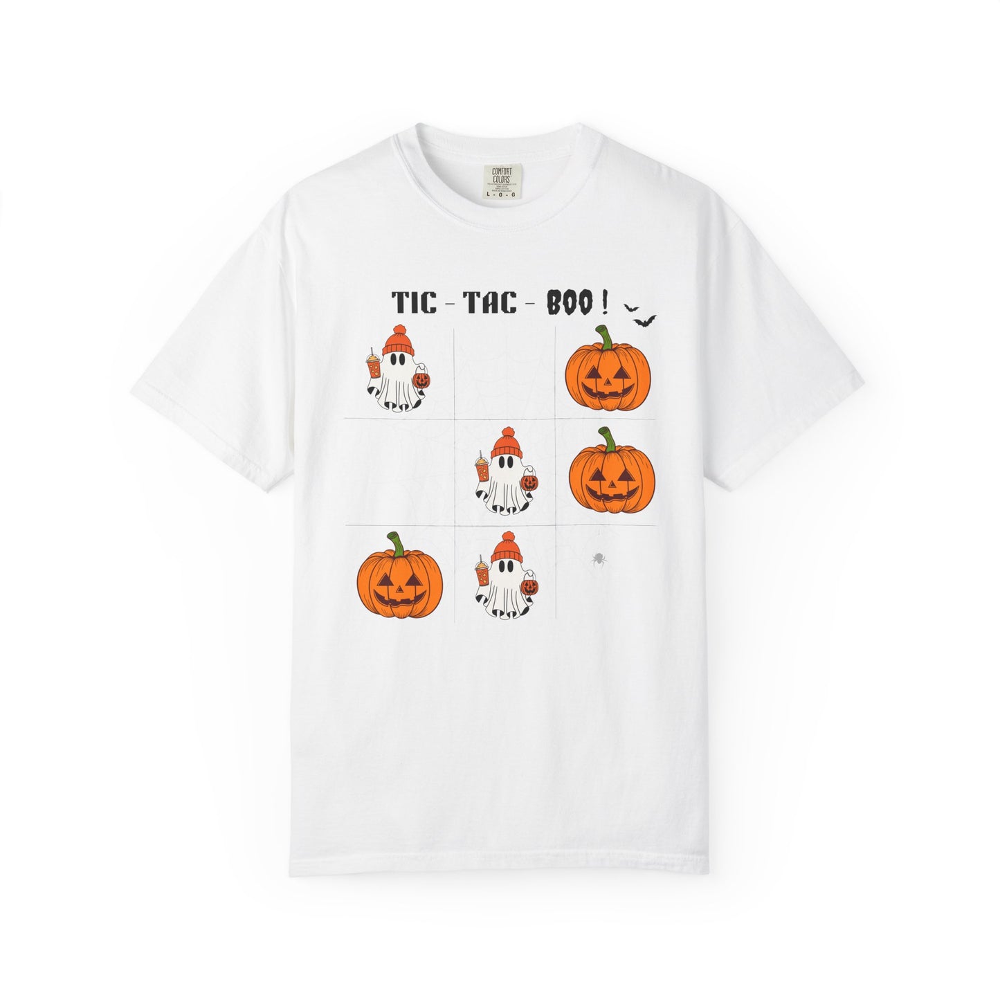 White t-shirt with Halloween-themed graphics on a white background