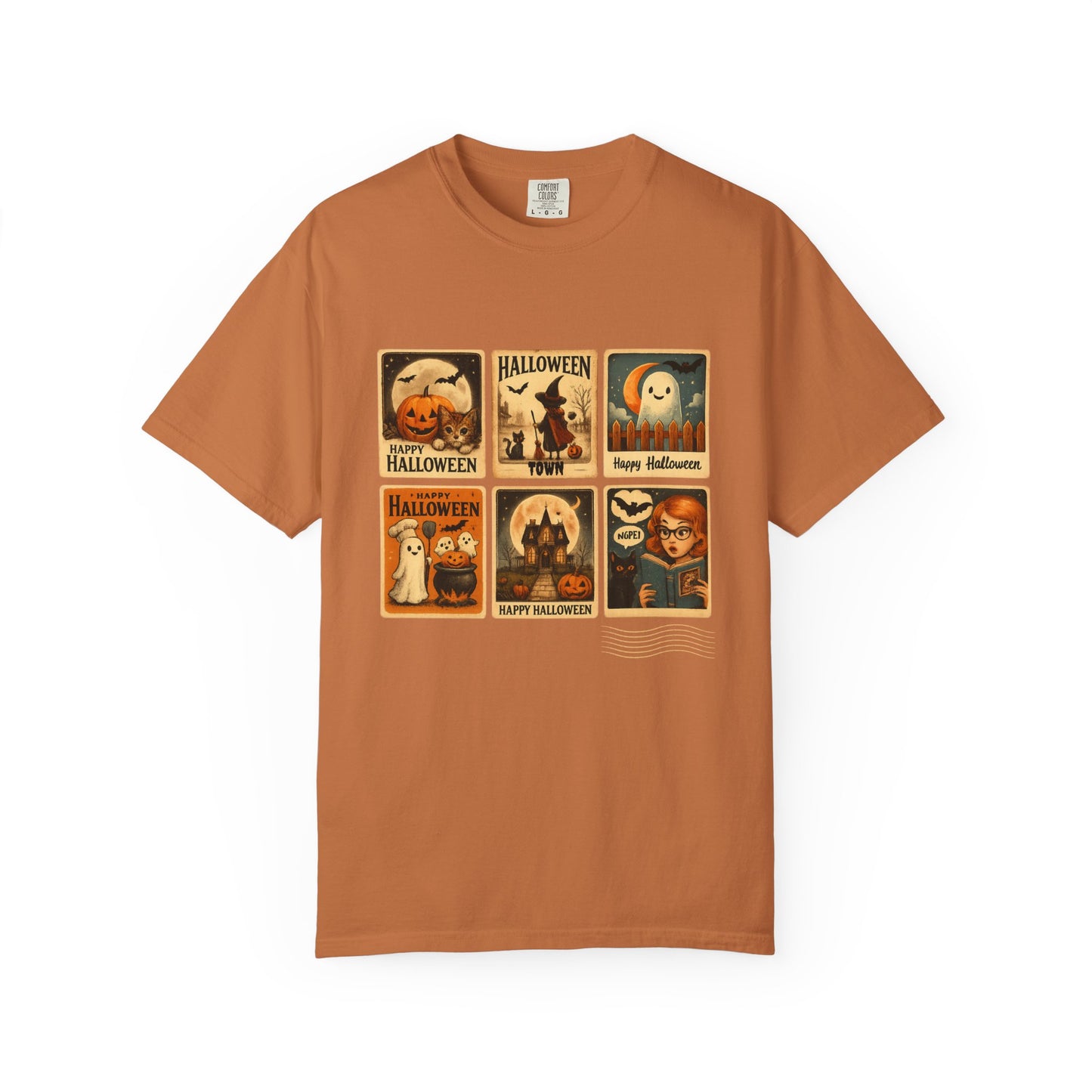 Brown t-shirt with Halloween-themed graphic on a white background