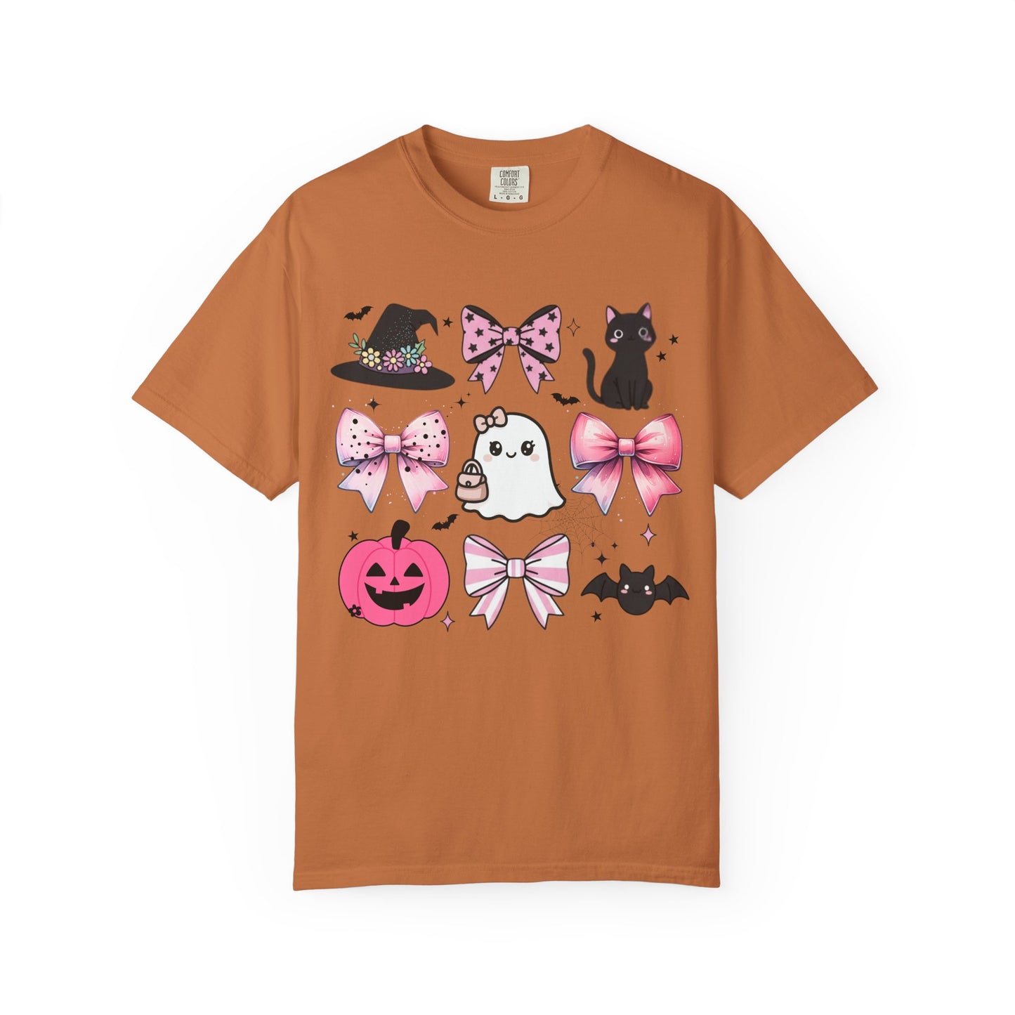 Brown t-shirt with Halloween-themed graphics on a white background