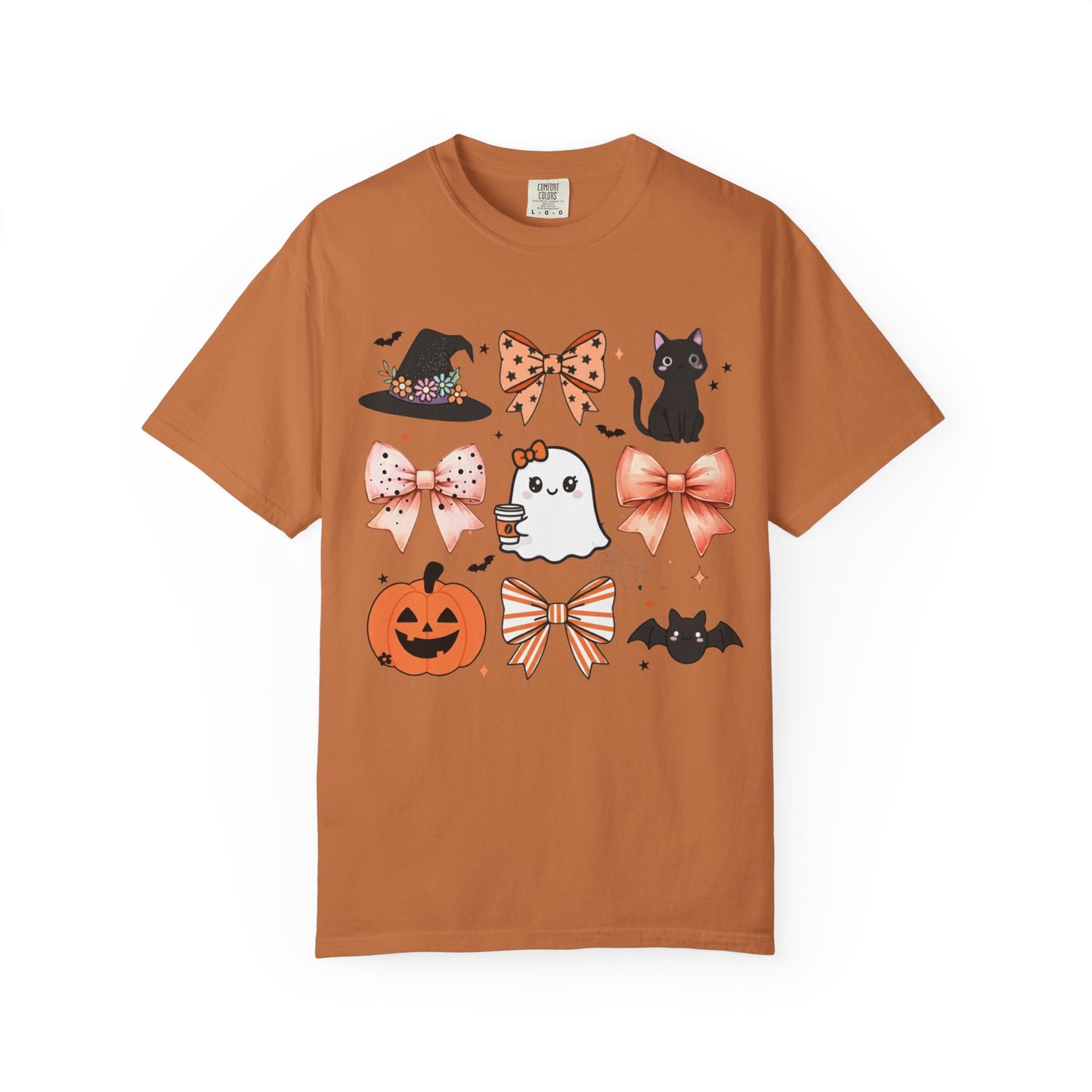 Brown t-shirt with Halloween-themed graphics on a white background
