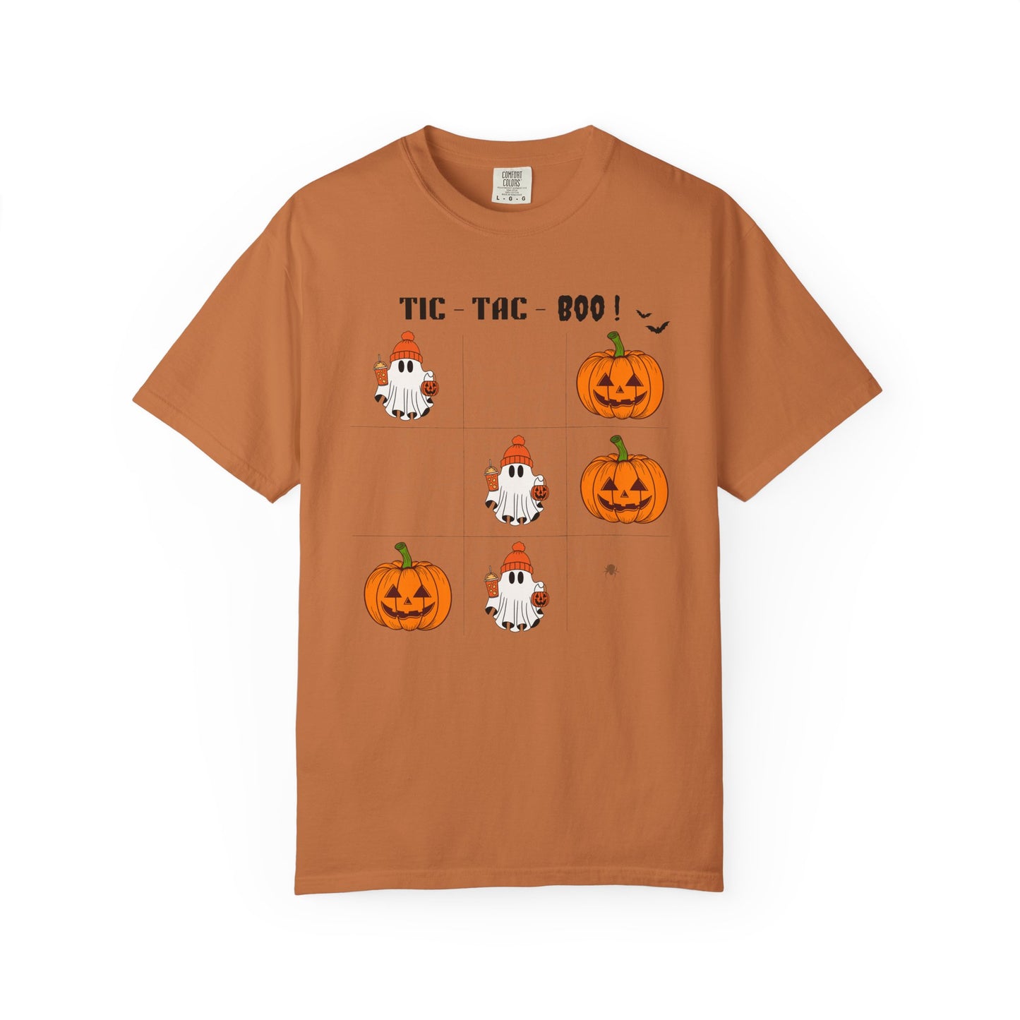 Brown t-shirt with Halloween-themed graphics on a white background