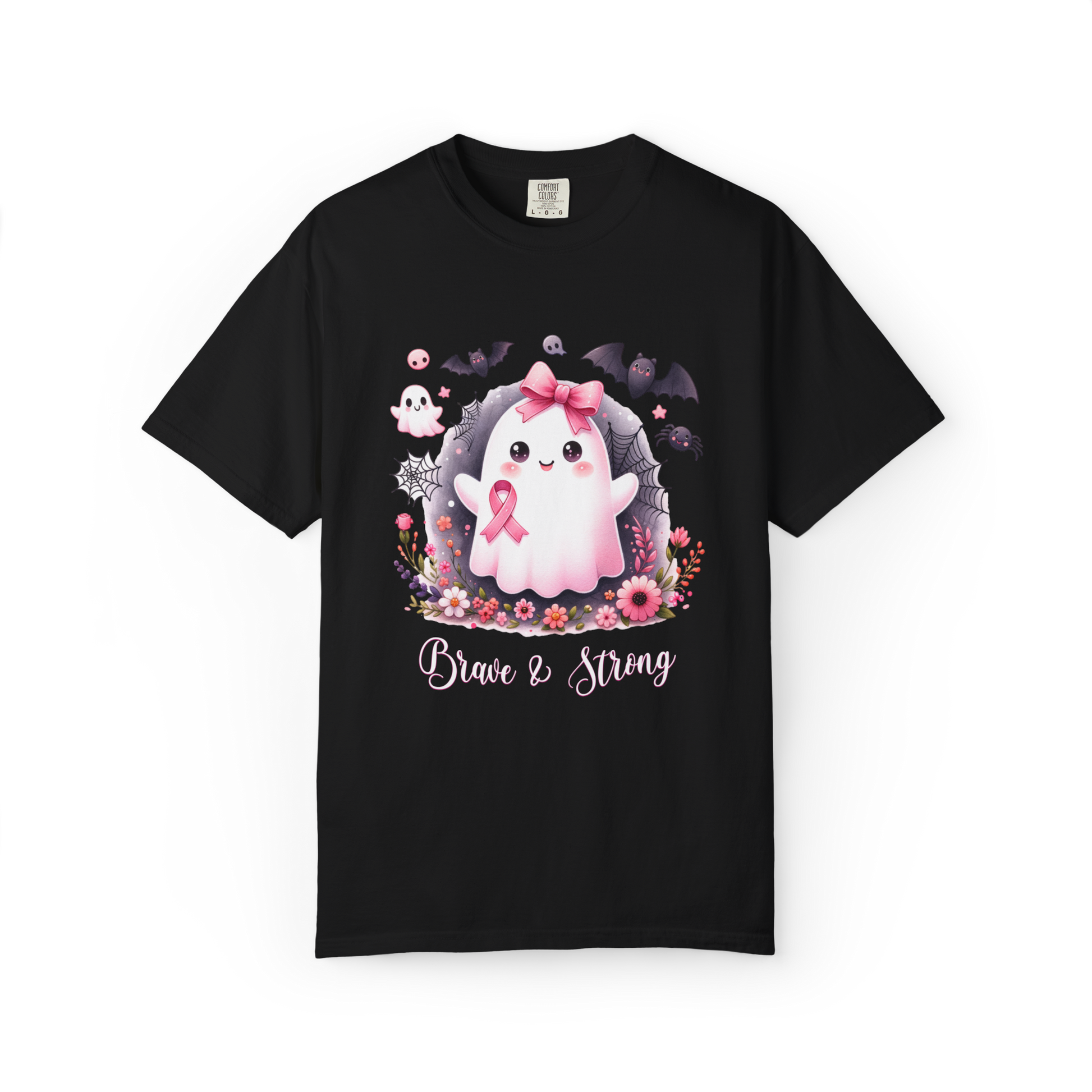 Black t-shirt with a cute ghost design featuring a pink ribbon and flowers on a white background.