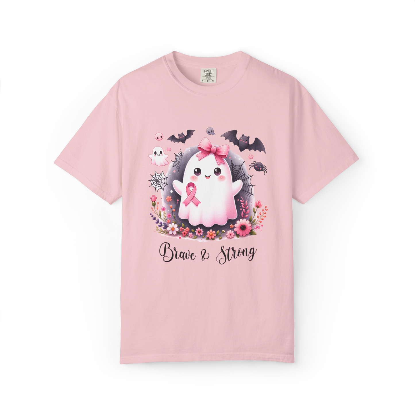 Pink t-shirt with a cartoon ghost, pink ribbon, and flowers on a white background