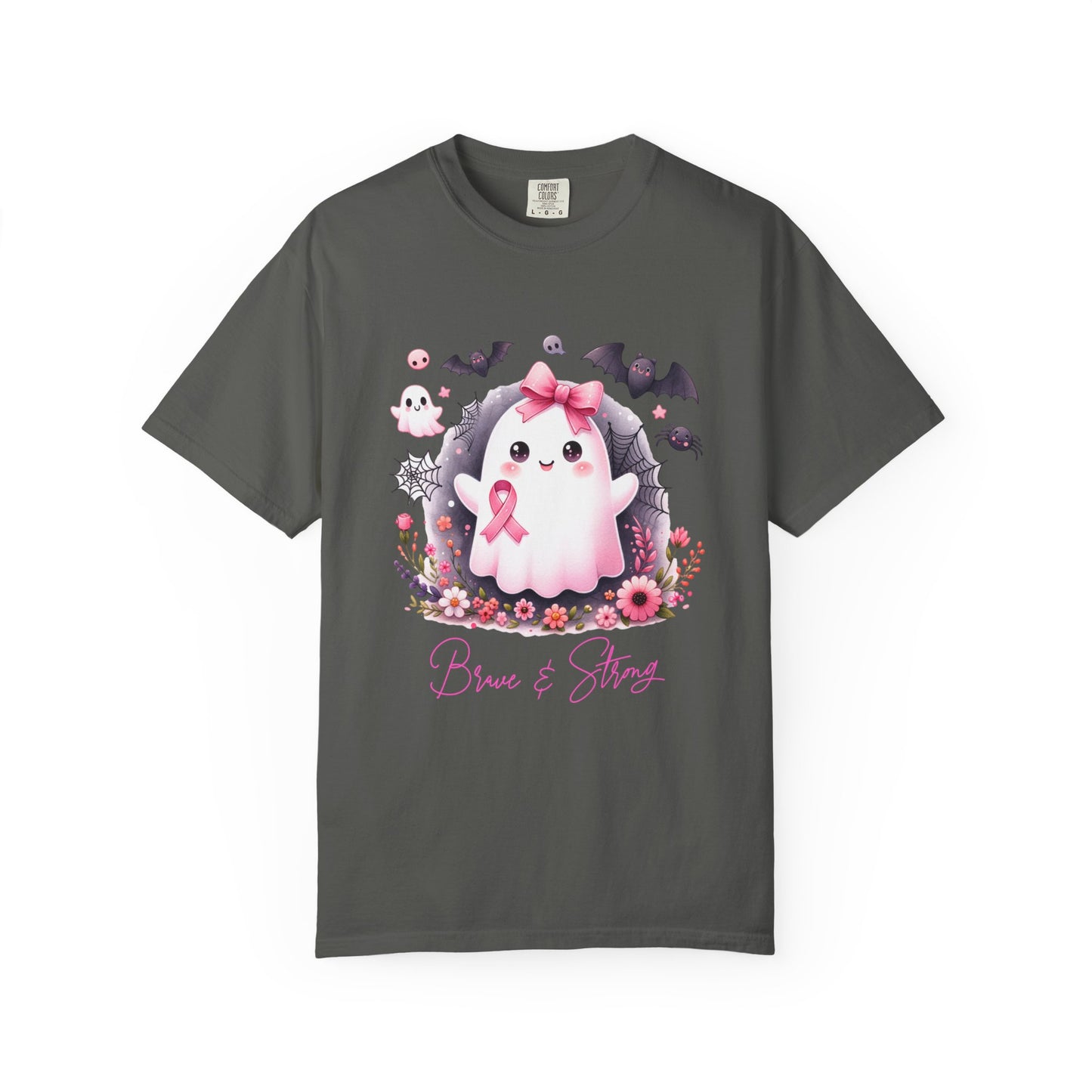 Gray t-shirt with a cartoon ghost holding a pink ribbon and flowers on a white background