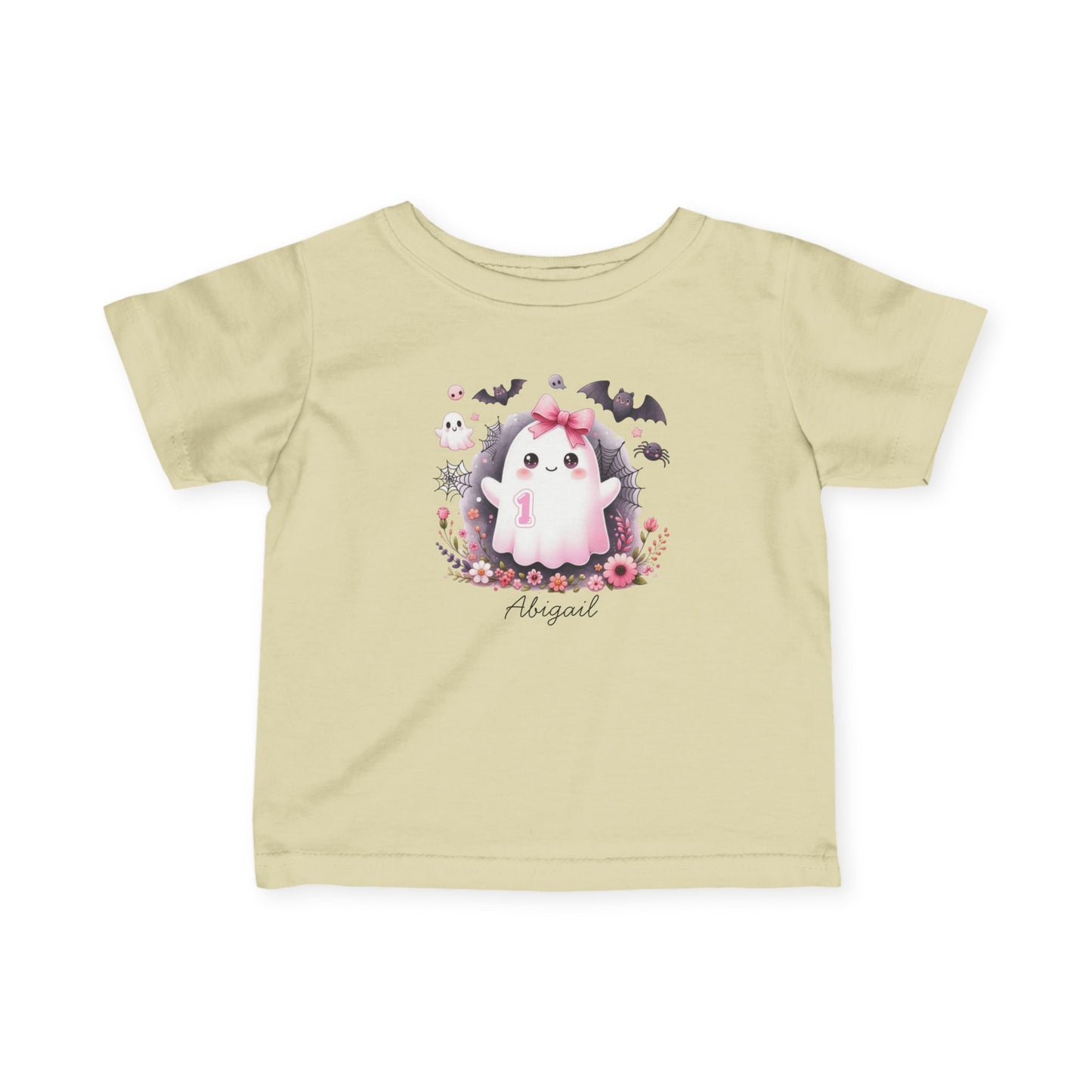 Beige t-shirt with a ghost and floral design on a white background