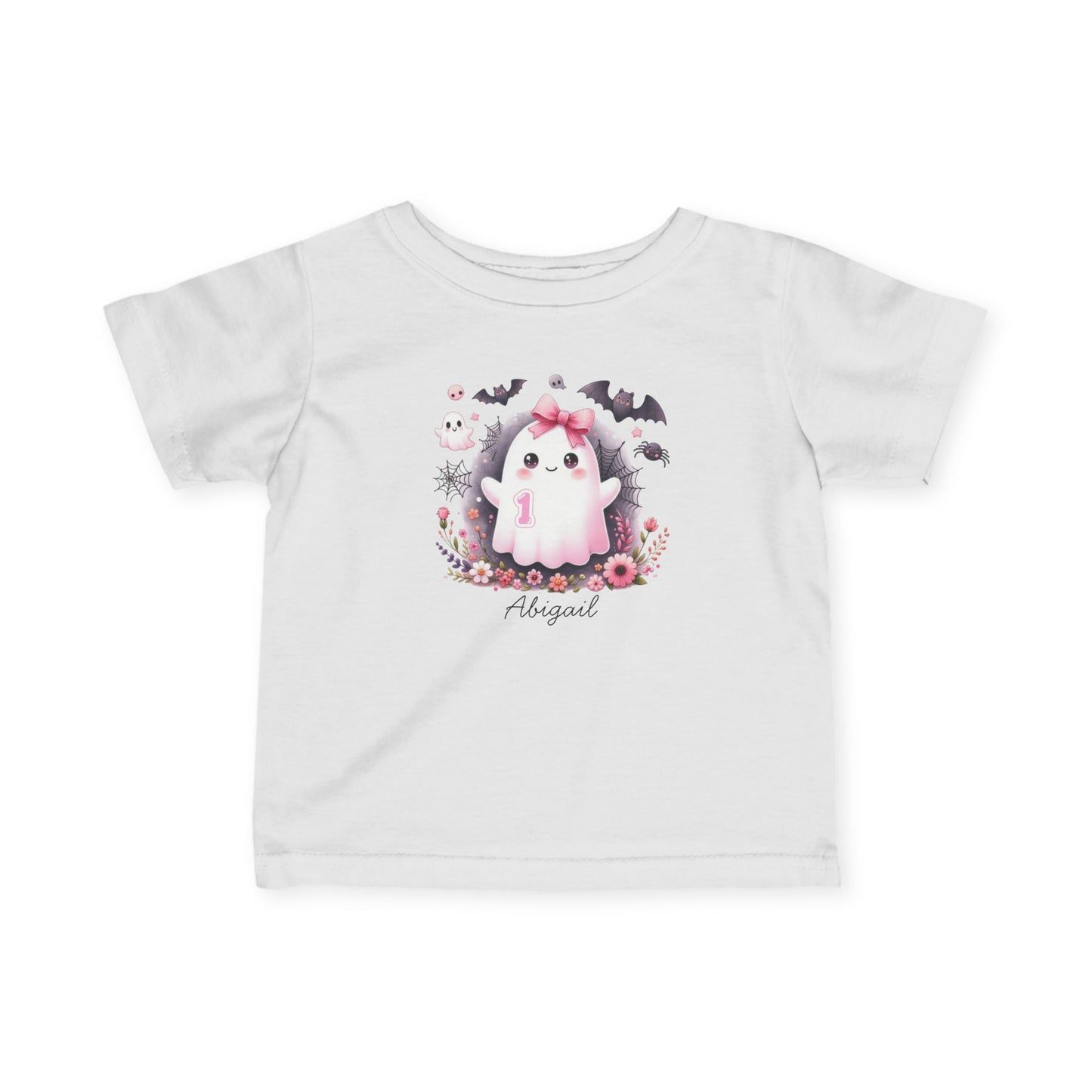 White t-shirt with a unicorn graphic and floral design on a white background
