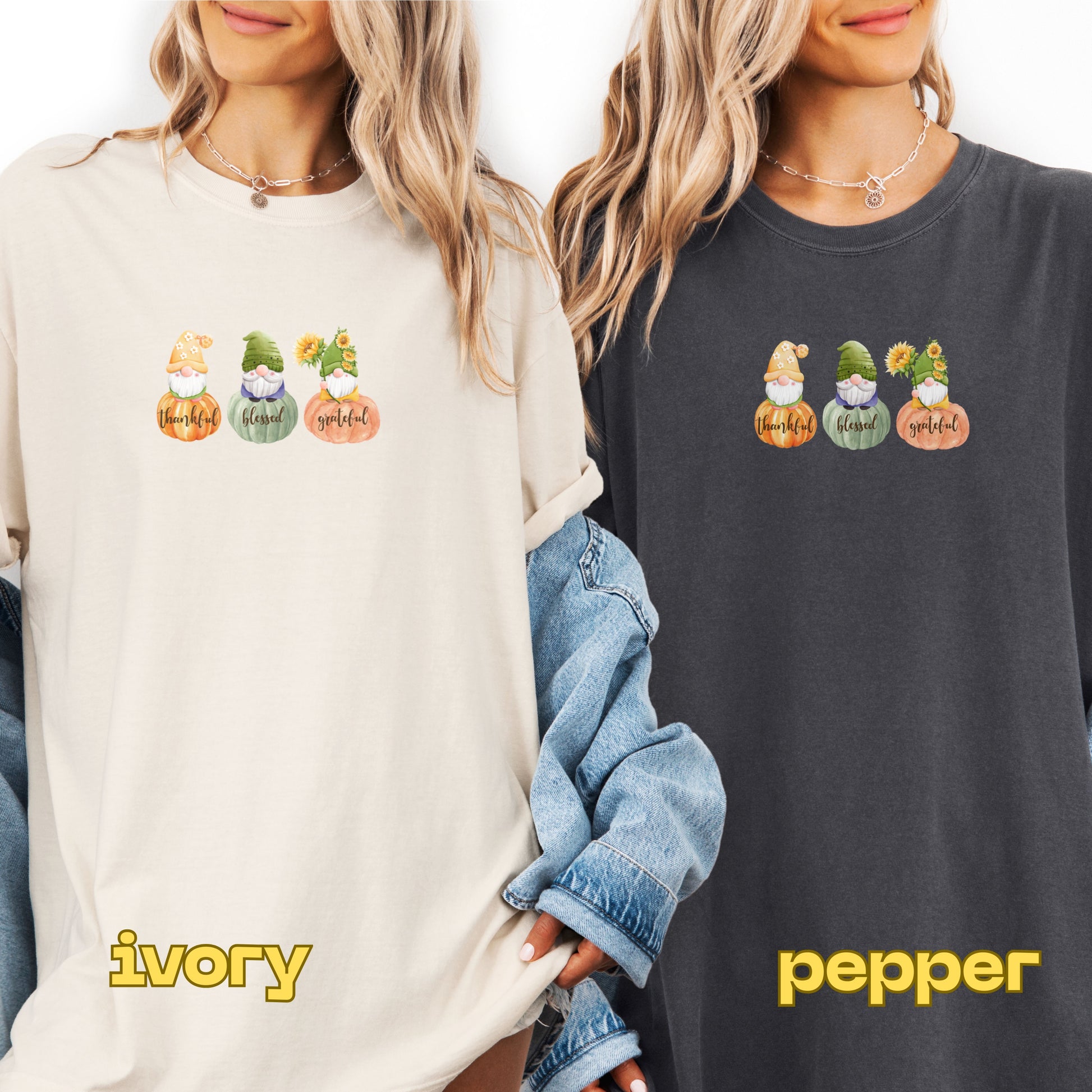 Two people wearing sweatshirts with gnomes and pumpkins, labeled 'ivory' and 'pepper'.