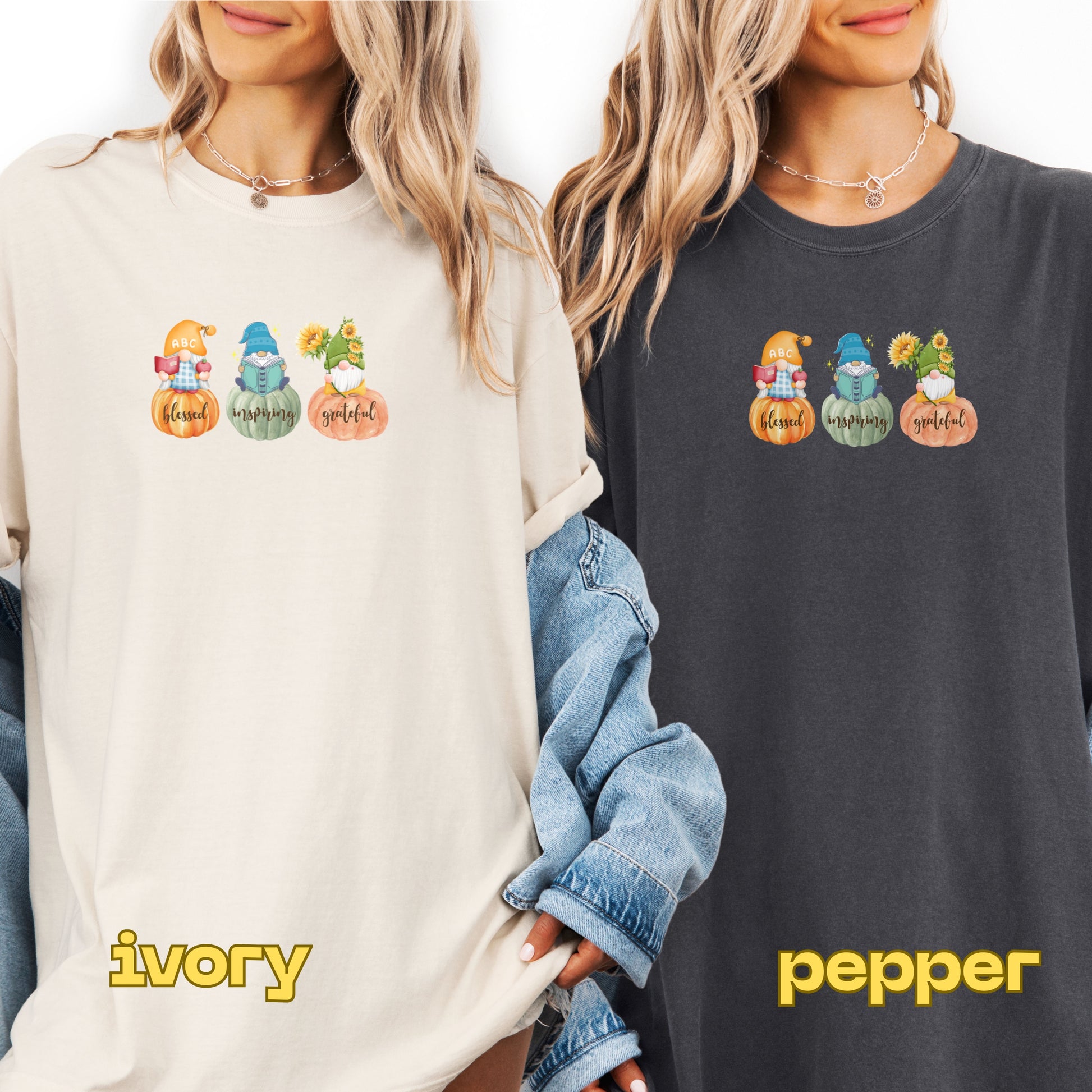 Two people wearing sweatshirts with pumpkin designs and text, labeled 'ivory' and 'pepper'.