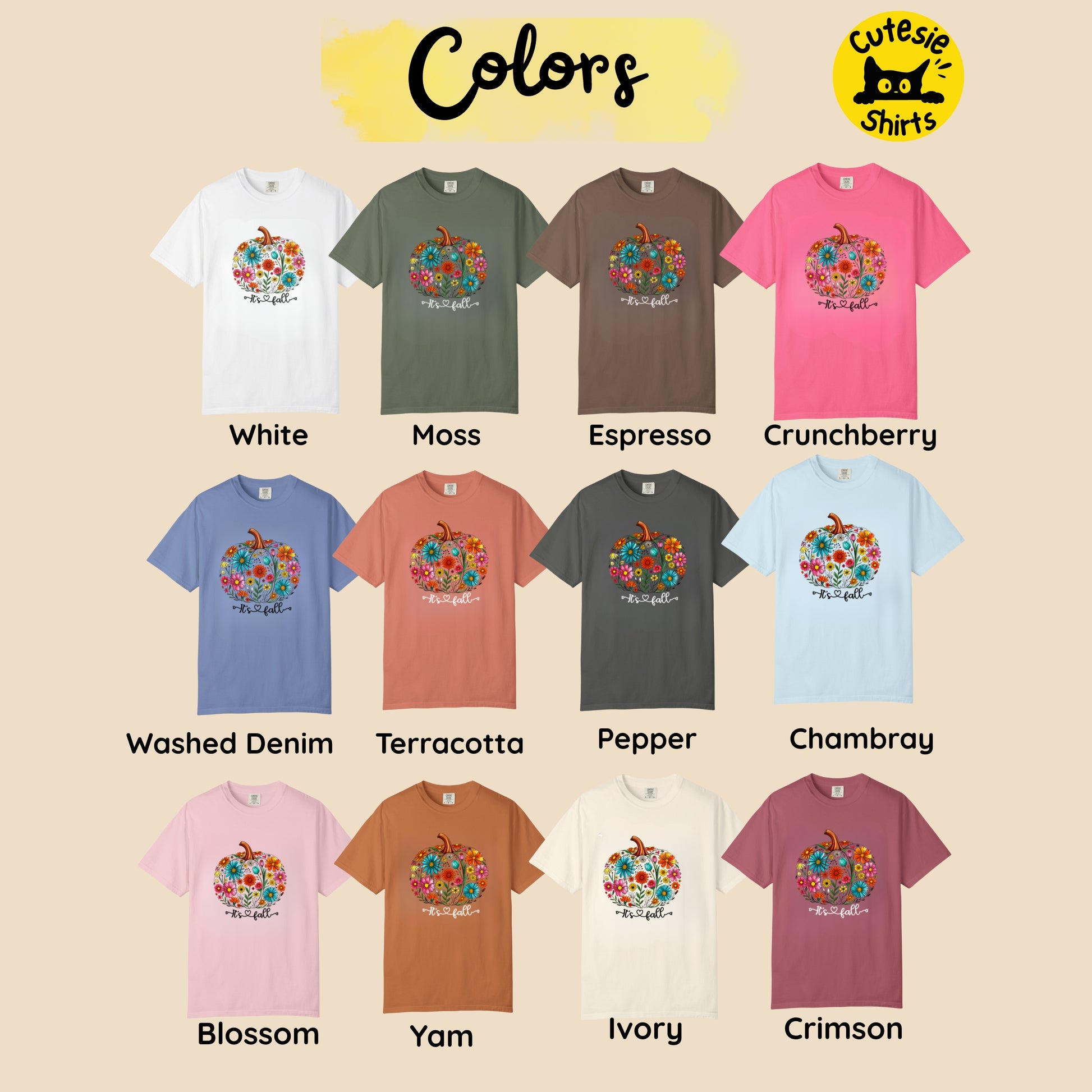 Collection of t-shirts in various colors with floral designs on a beige background, featuring the brand 'Cutesie Shirts'.