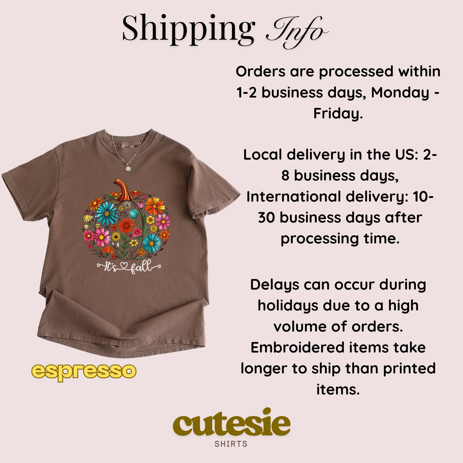 Brown t-shirt with floral pumpkin design and shipping information on a light pink background