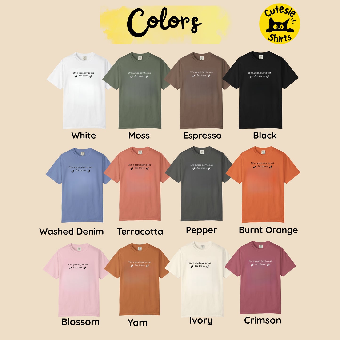 Collection of t-shirts in various colors with labels on a beige background