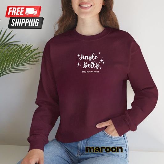 Person wearing a maroon sweatshirt with 'Jingle Belly' text, sitting against a white background.