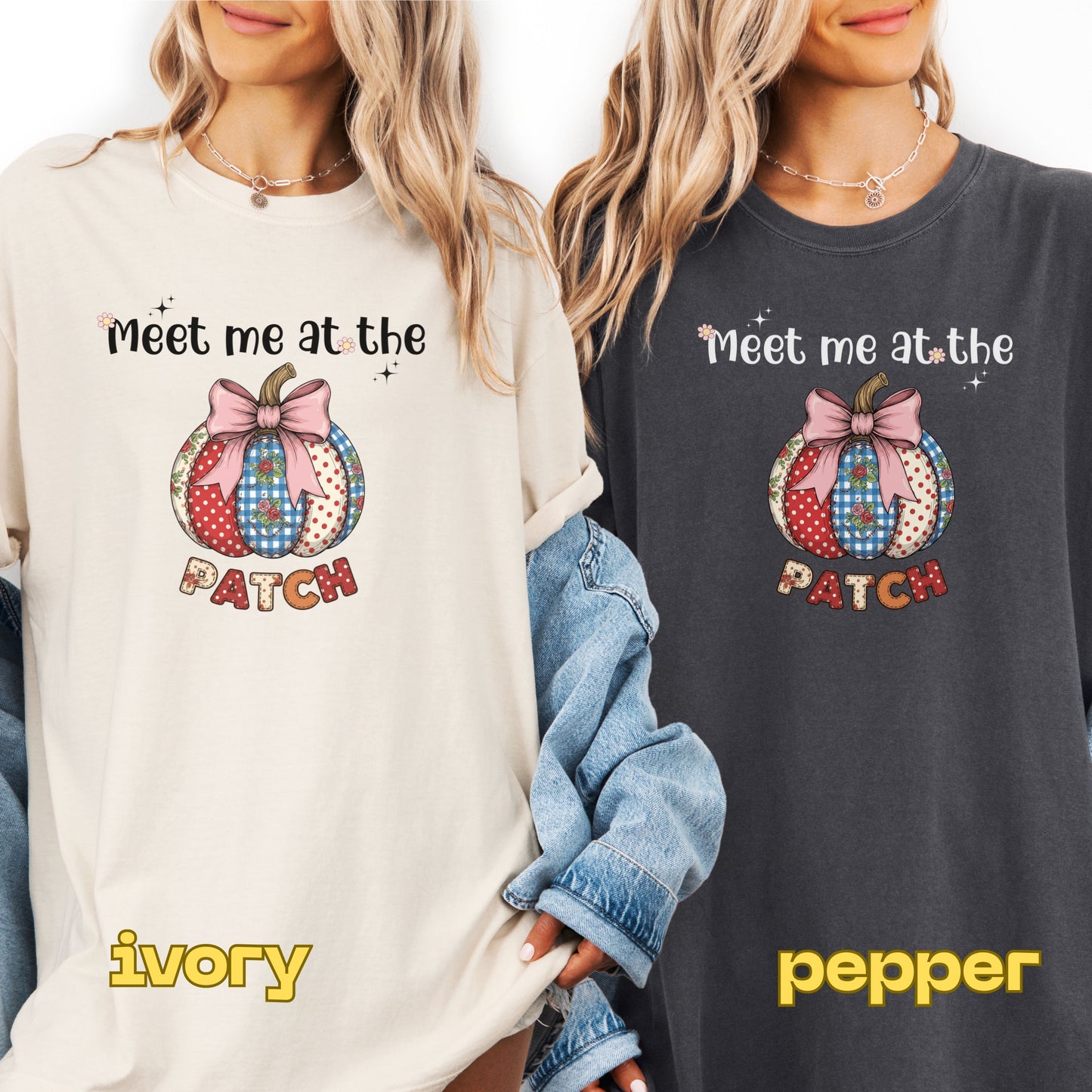 Two people wearing sweatshirts with a pumpkin patch design and text.