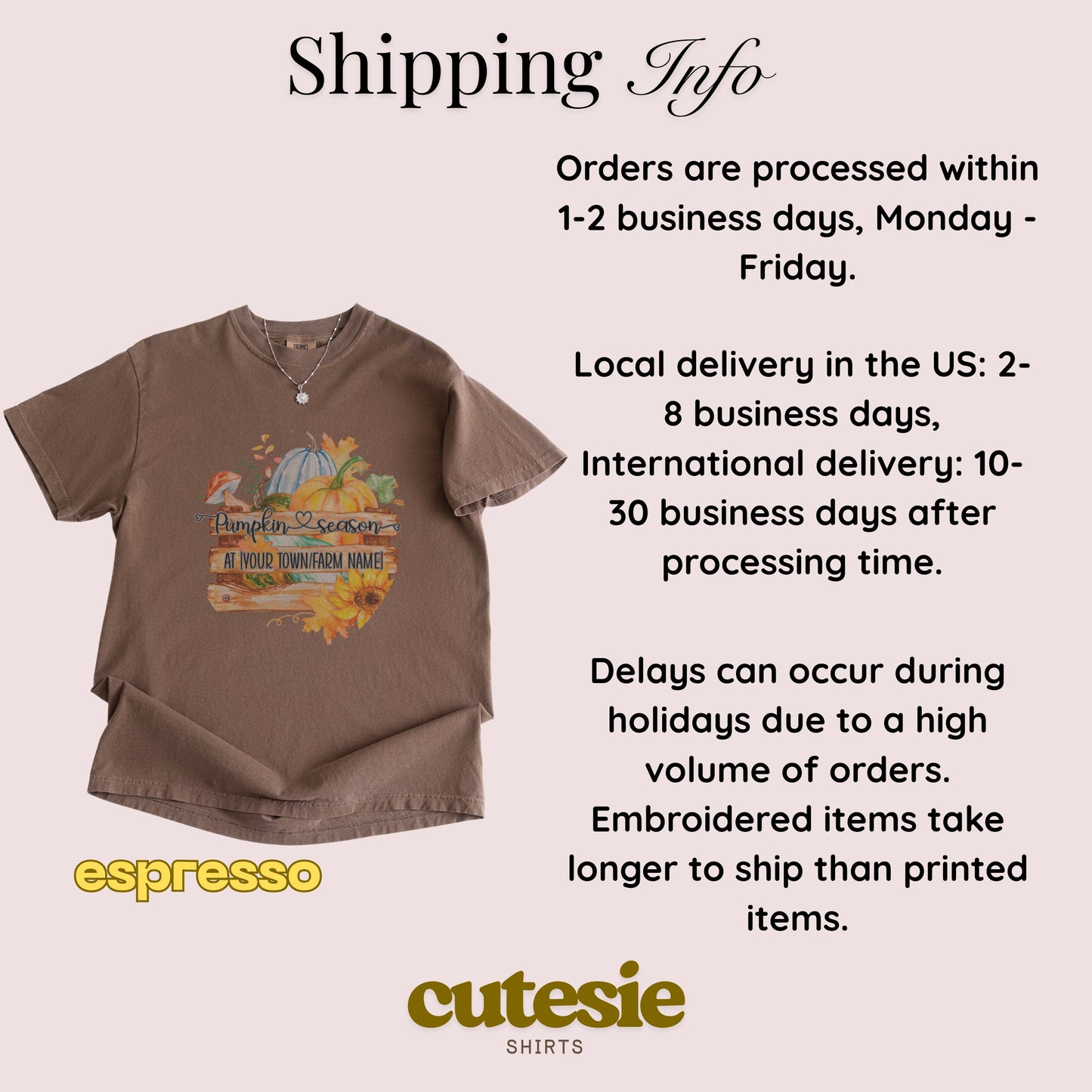 Brown t-shirt with pumpkin design and shipping information on a light pink background
