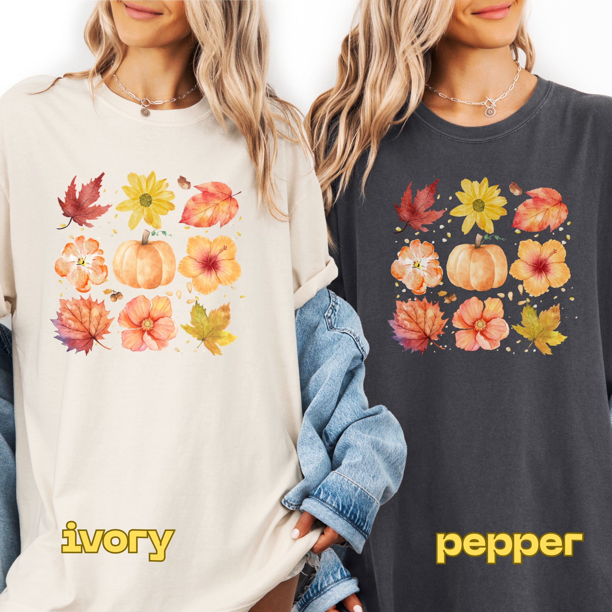 Two people wearing sweatshirts with autumn-themed designs labeled 'ivory' and 'pepper'.