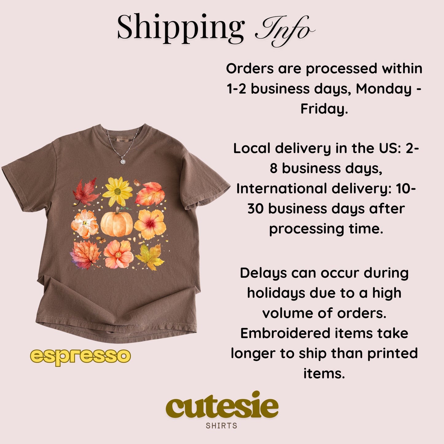 Brown t-shirt with floral and pumpkin design on a light pink background, featuring shipping information and Cutesie Shirts branding.