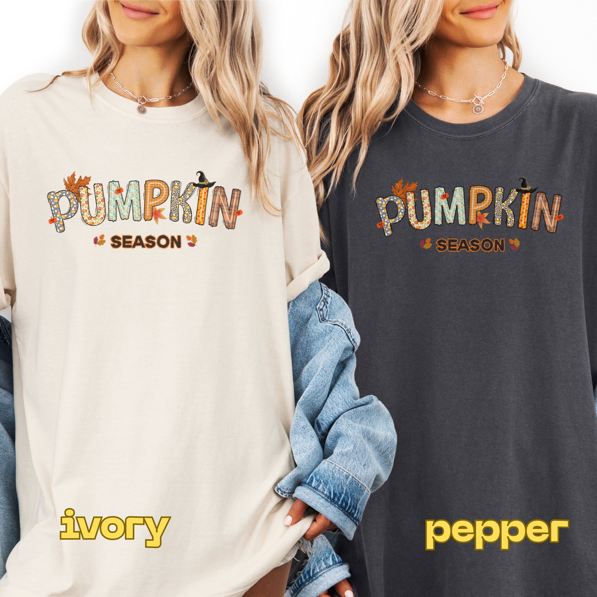 Two people wearing 'Pumpkin Season' shirts in ivory and pepper colors.