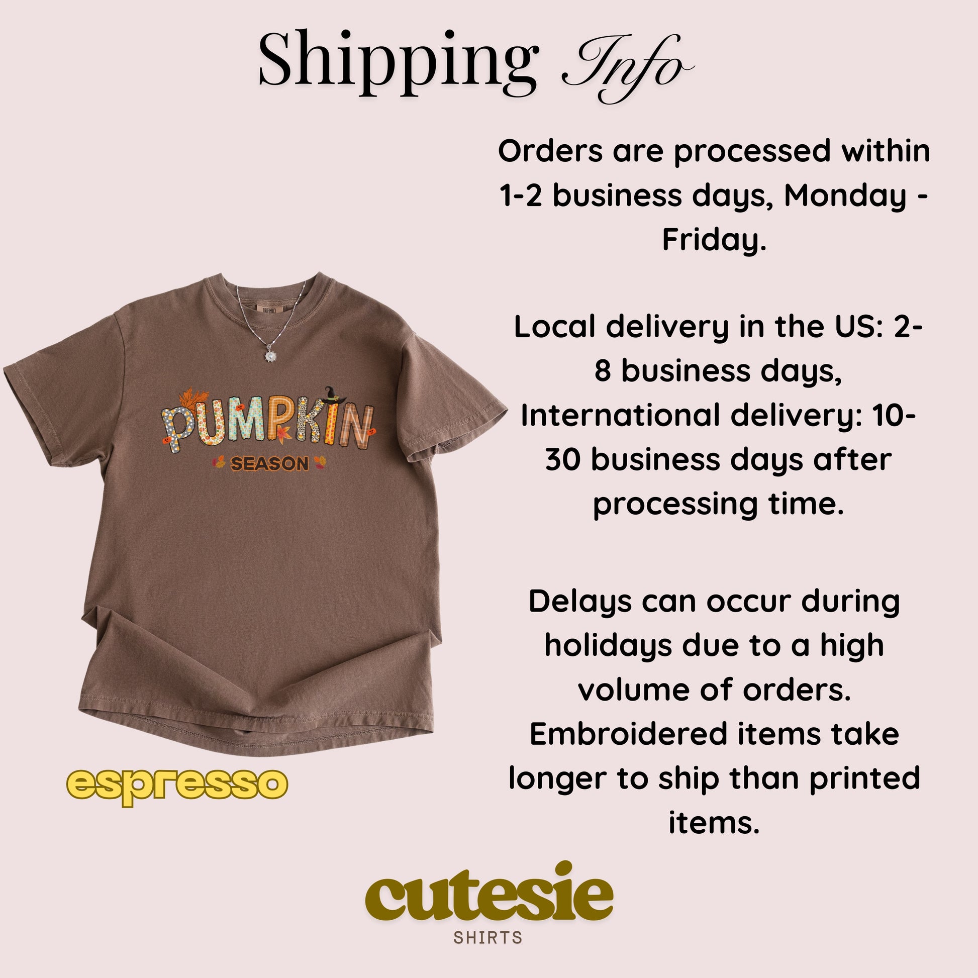 Brown t-shirt with 'PUMPKIN SEASON' text, shipping information, and Cutesie Shirts logo on a light pink background.