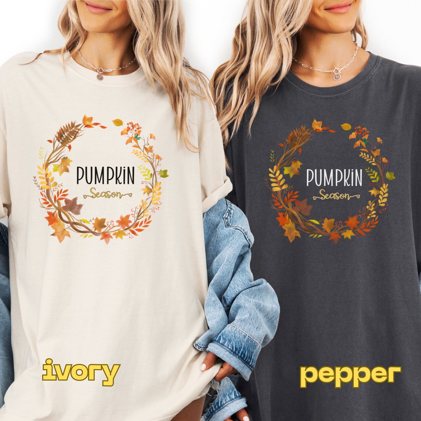 Two people wearing sweatshirts with 'Pumpkin Season' design, one in ivory and one in pepper color.